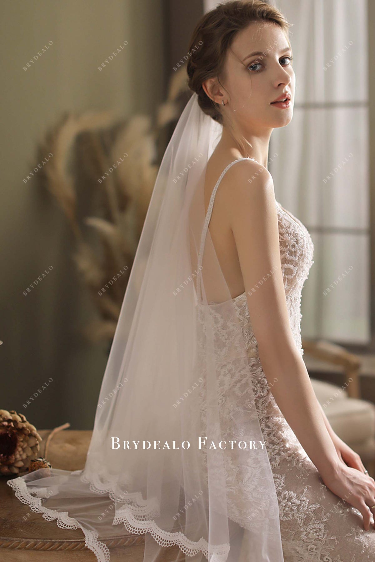 New Beautiful white veil laced edges. Full lace edged wedding veil -  main image 2