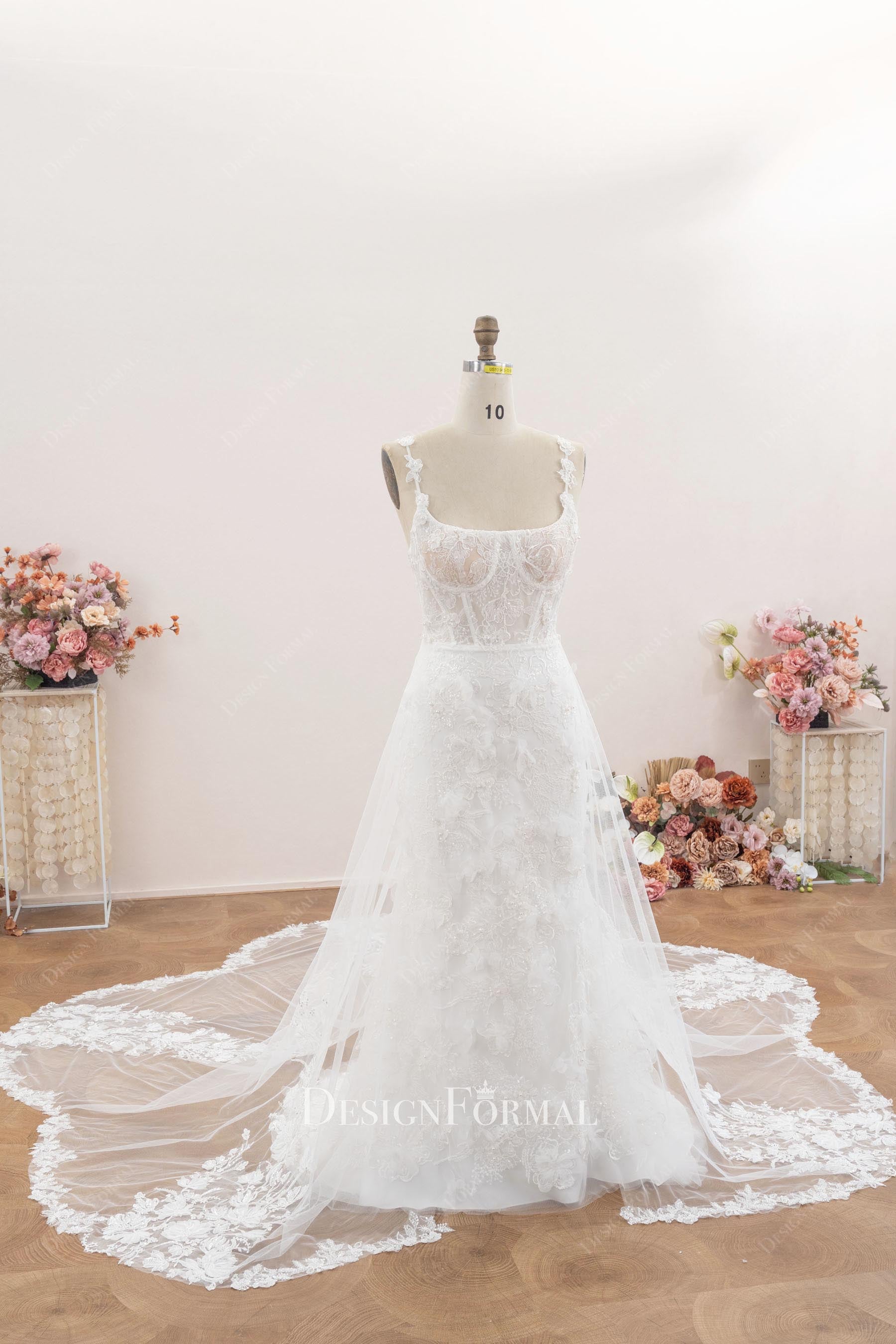delicate lace mermaid sweep train wedding dress