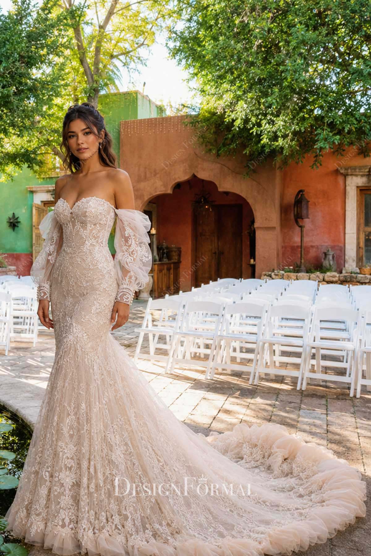 delicate lace off the shoulder mermaid wedding dress
