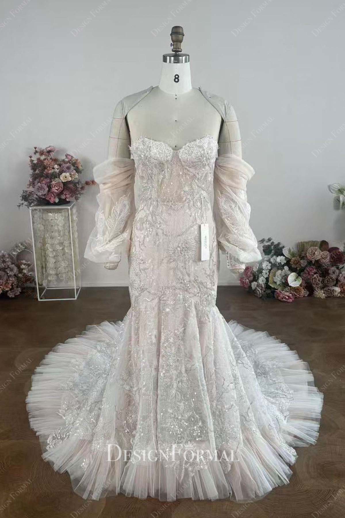 delicate lace off the shoulder mermaid wedding dress