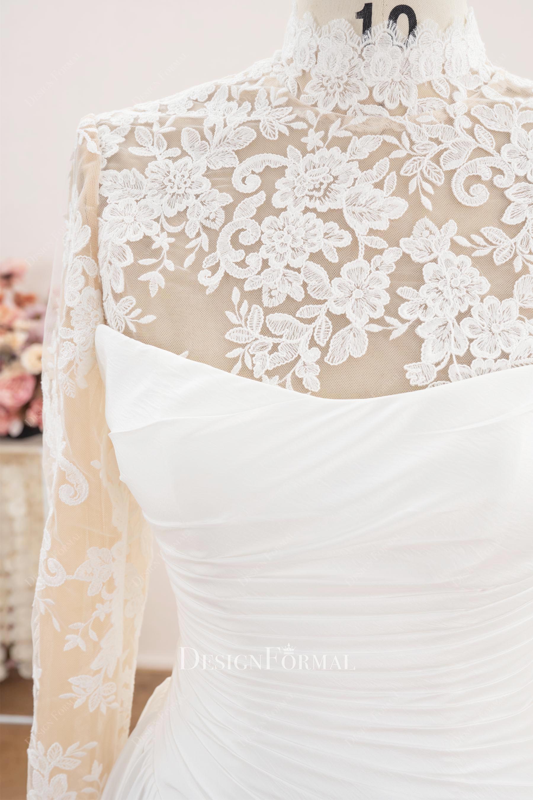 delicate lace pleated taffeta wedding dress