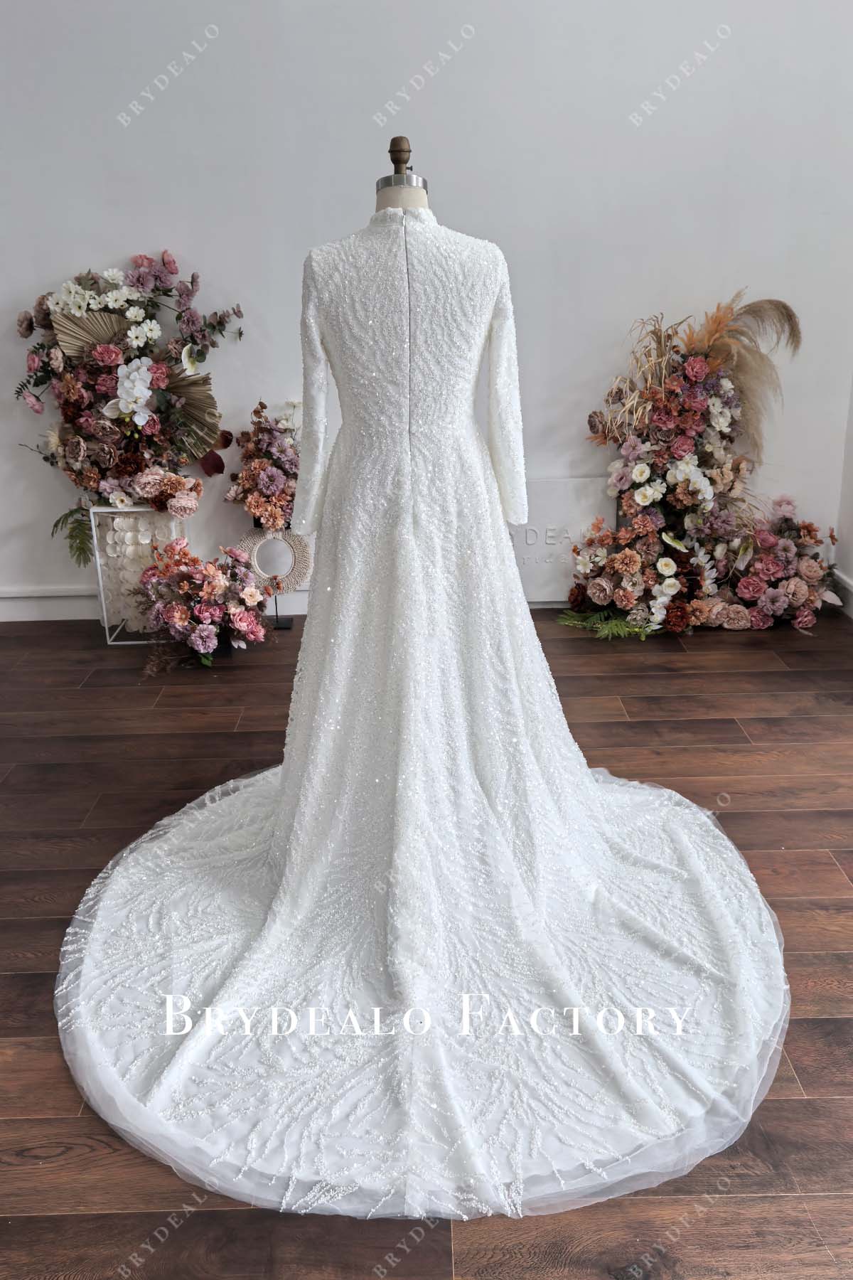 designer beaded chapel train Muslim wedding gown