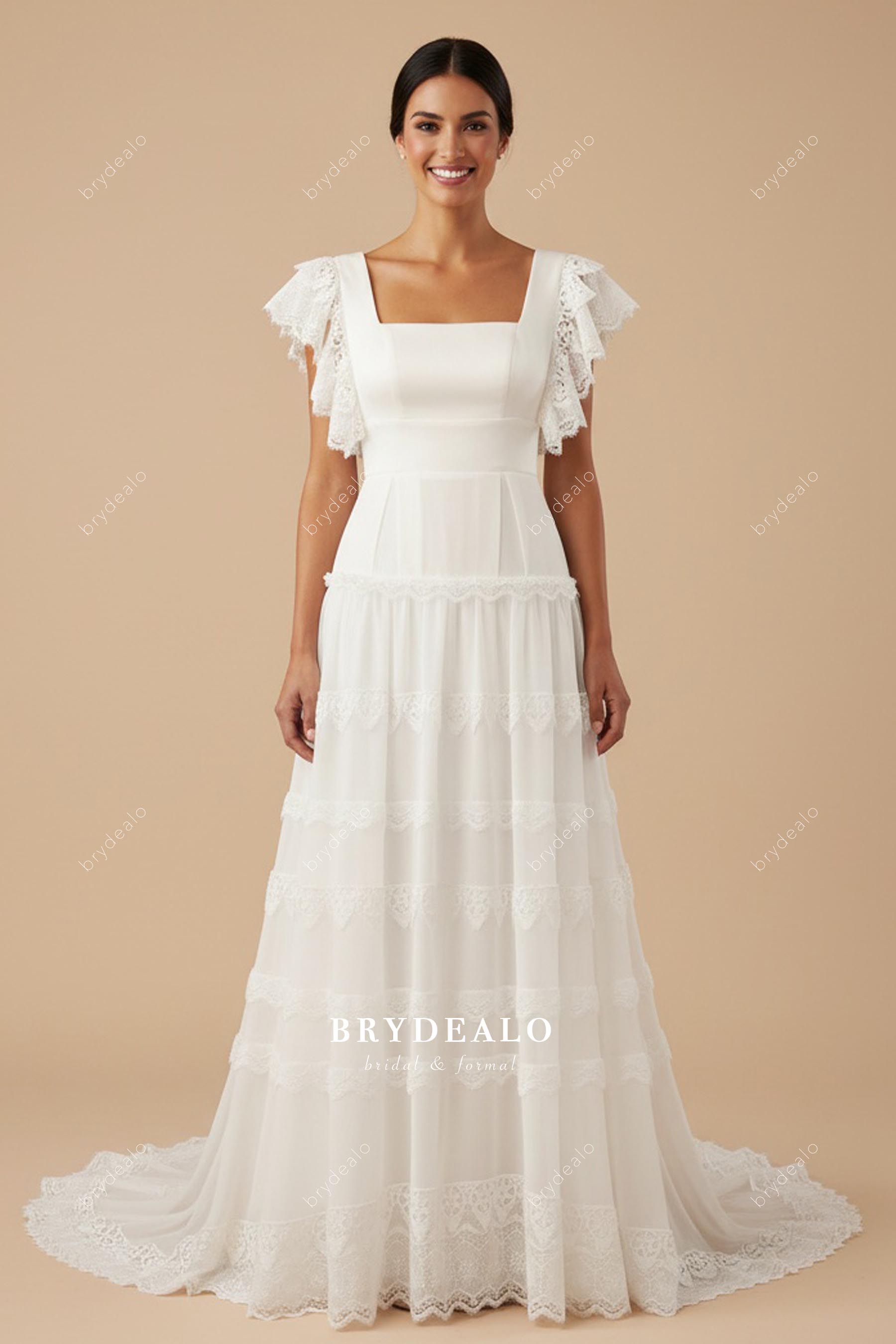 Bohemian Lace Flutter Sleeves Tiered A-Line Wedding Dress