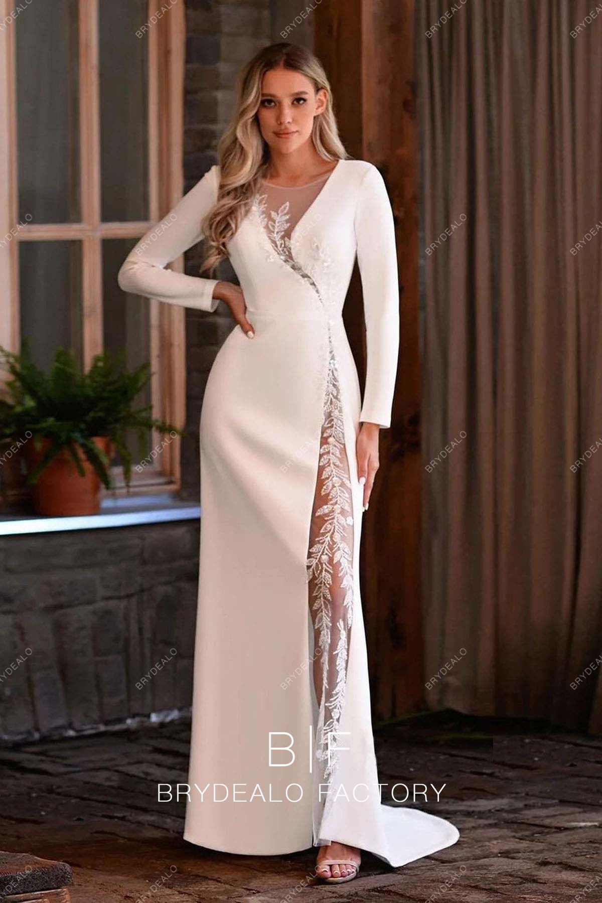 Elegant Long Sleeves Lace Crepe Unique Slim A-line Wedding Dress Elegant Long Sleeves Lace Crepe Unique Slim A-line Wedding Dress