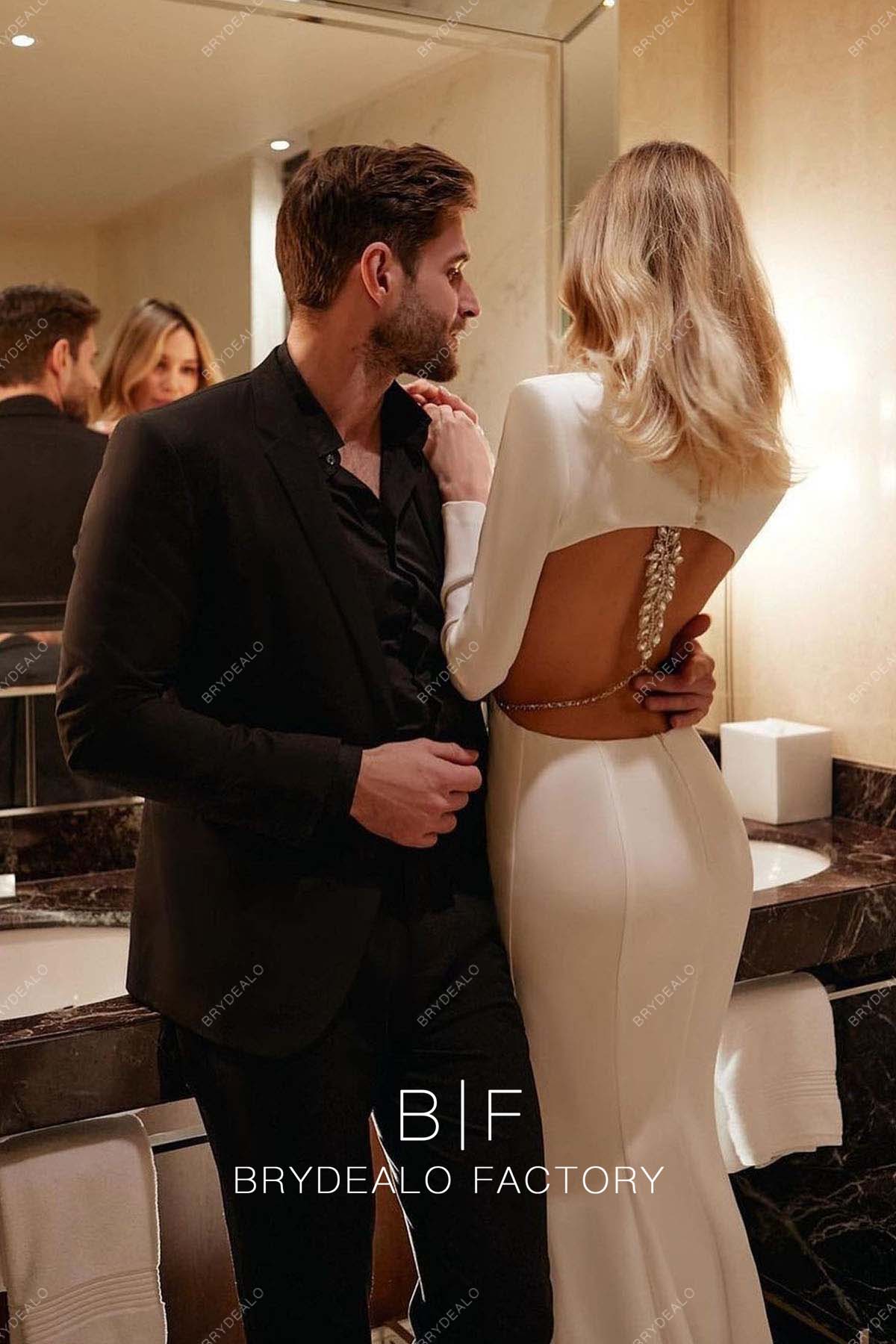 Open Back Long Sleeves Elegant Wedding Dress