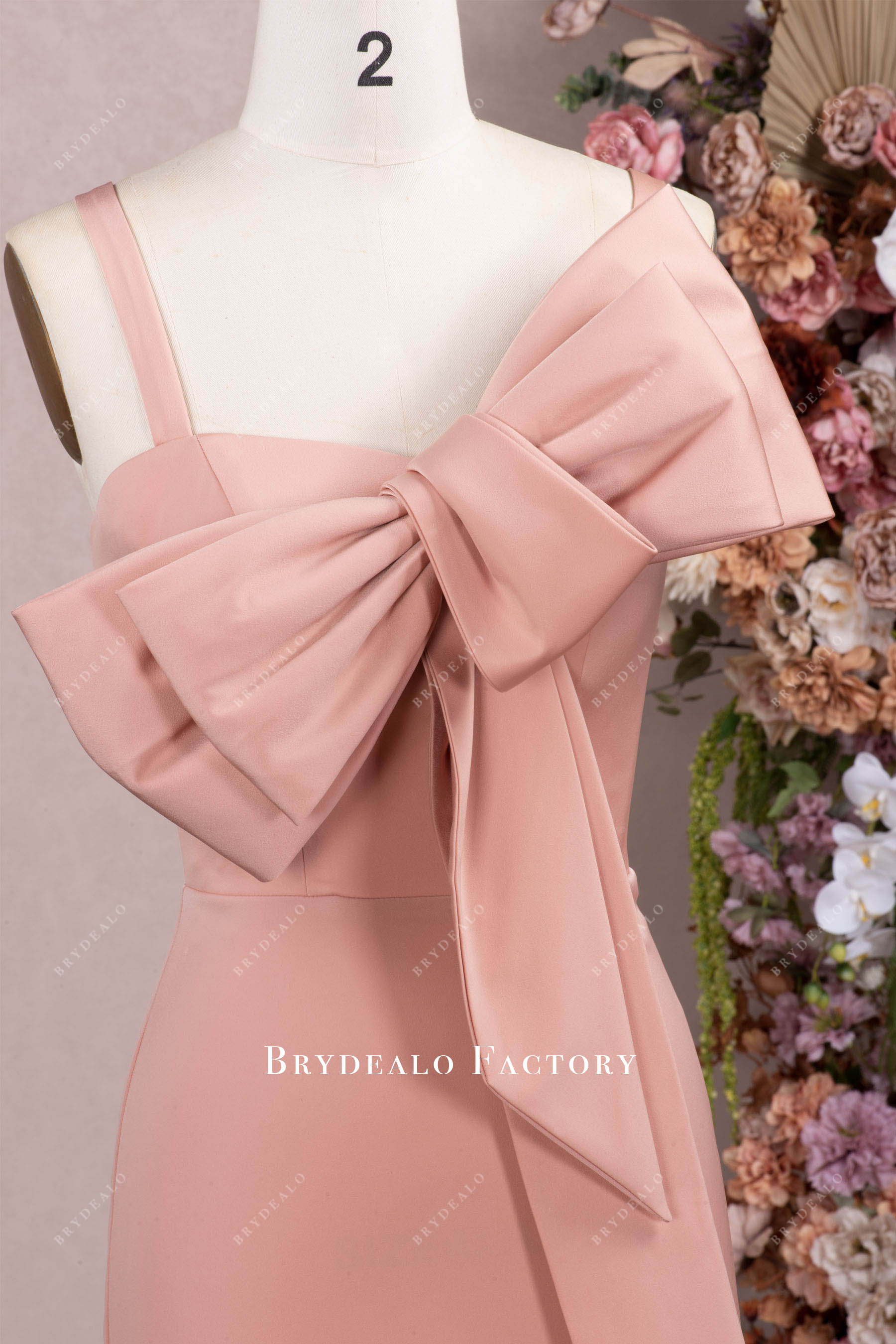Nude Pink Satin Bowknot Floor Length Dress