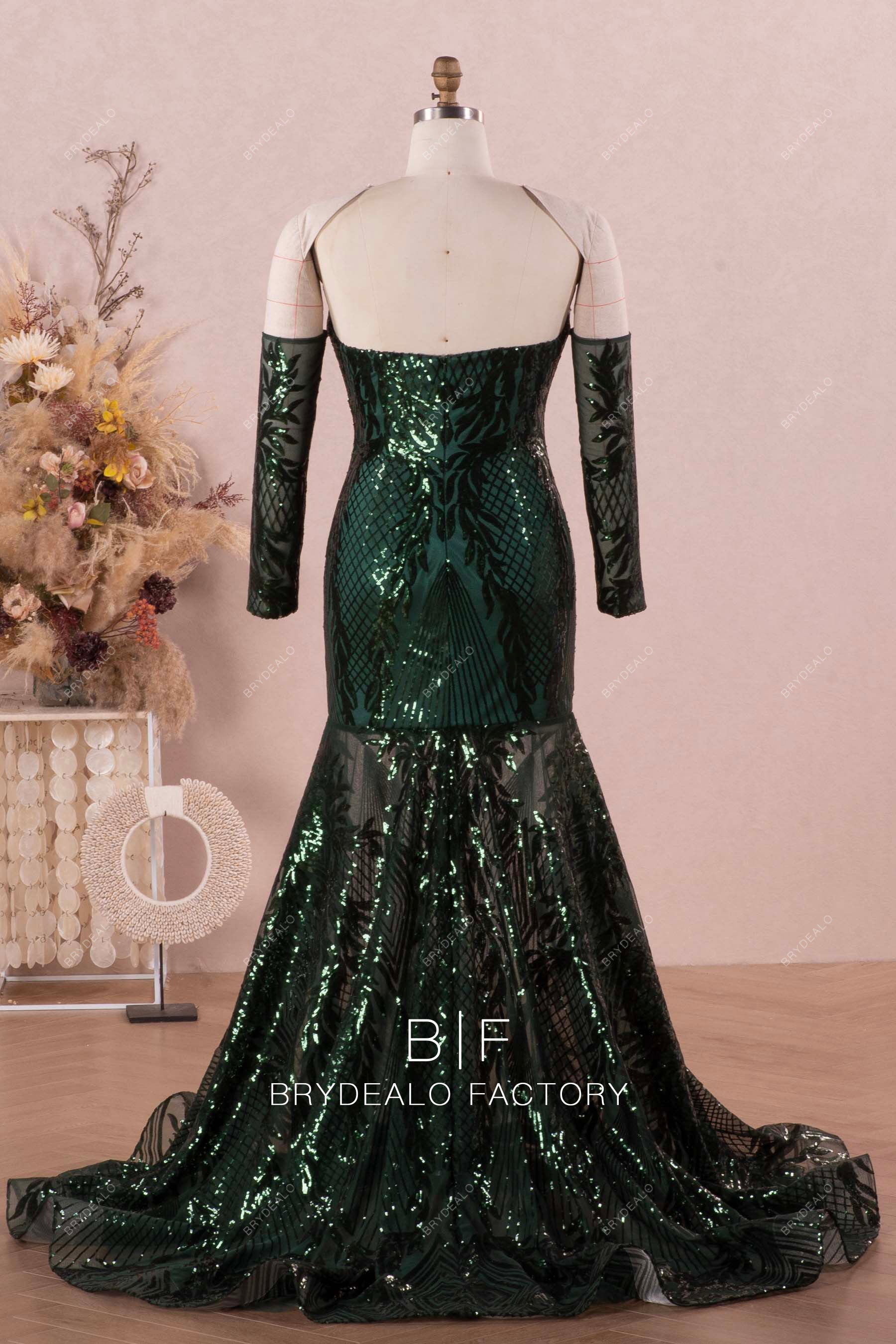 off shoulder dark green sequin trumpet prom dress