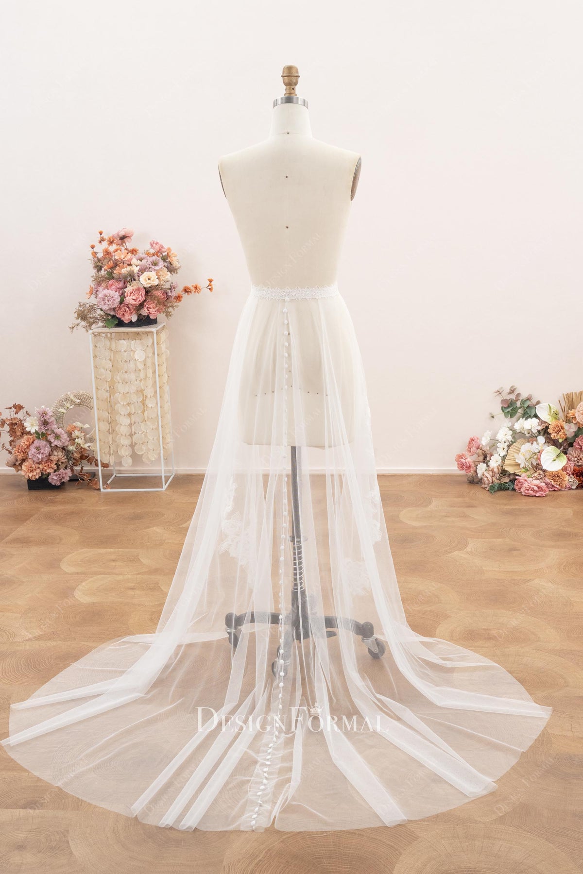 detachable tulle lace applique bridal overskirt