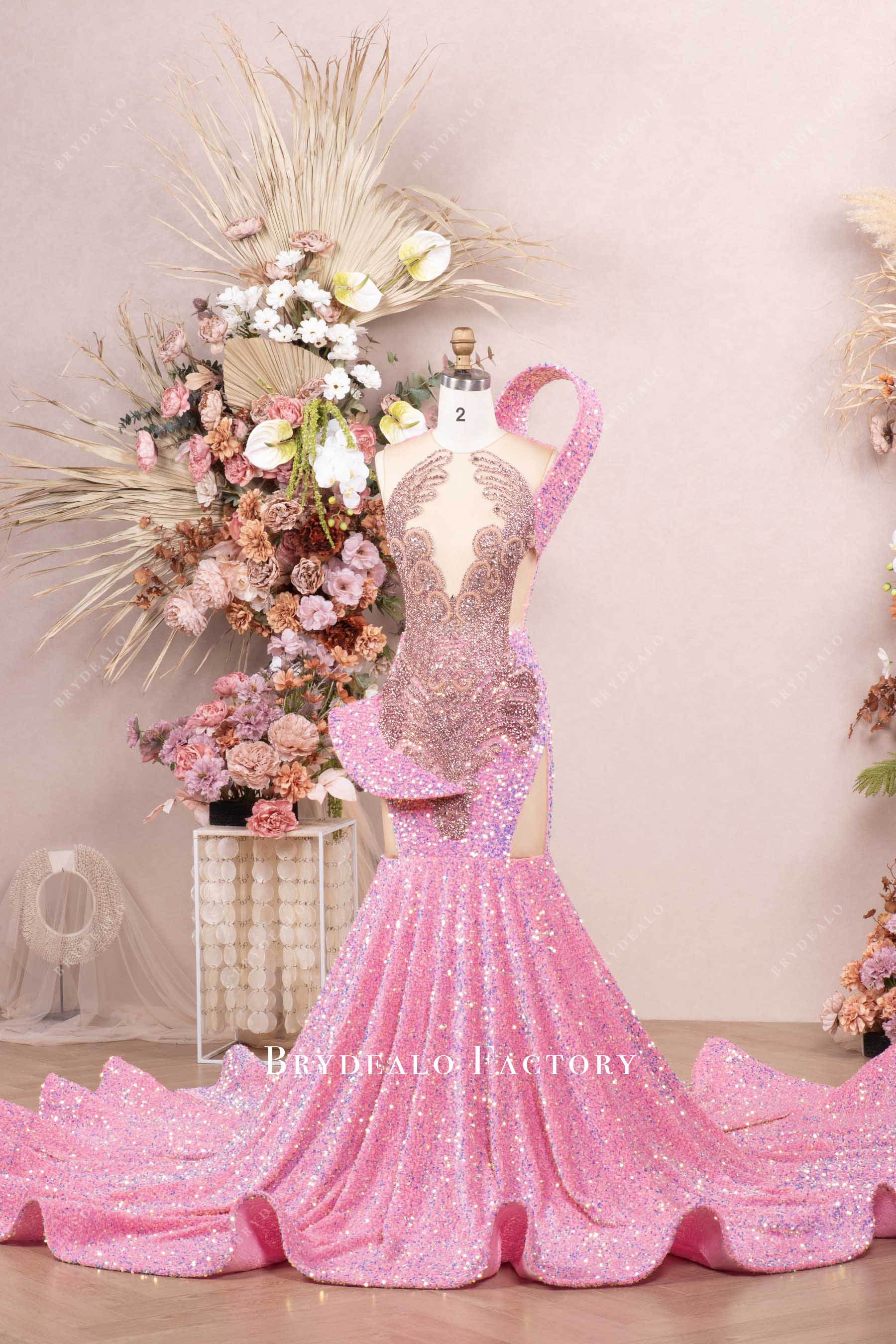 dramatic shoulder panel long prom dress