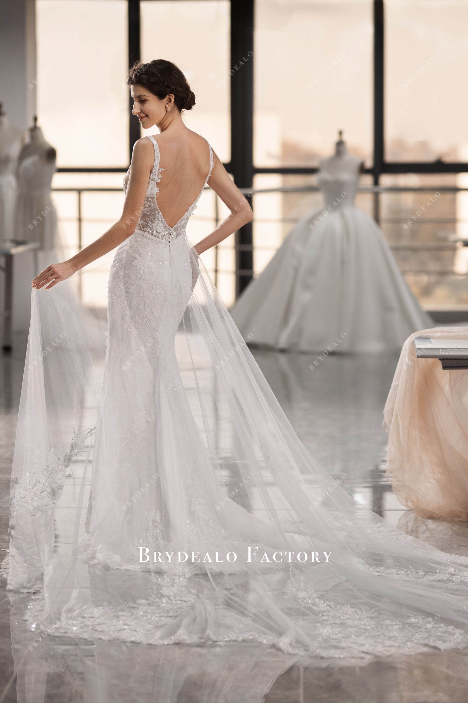 Backless Designer Wild Lace Convertible Mermaid Wedding Dress, White / Overskirt Only Backless Designer Wild Lace Convertible Mermaid Wedding Dress, White / Overskirt Only