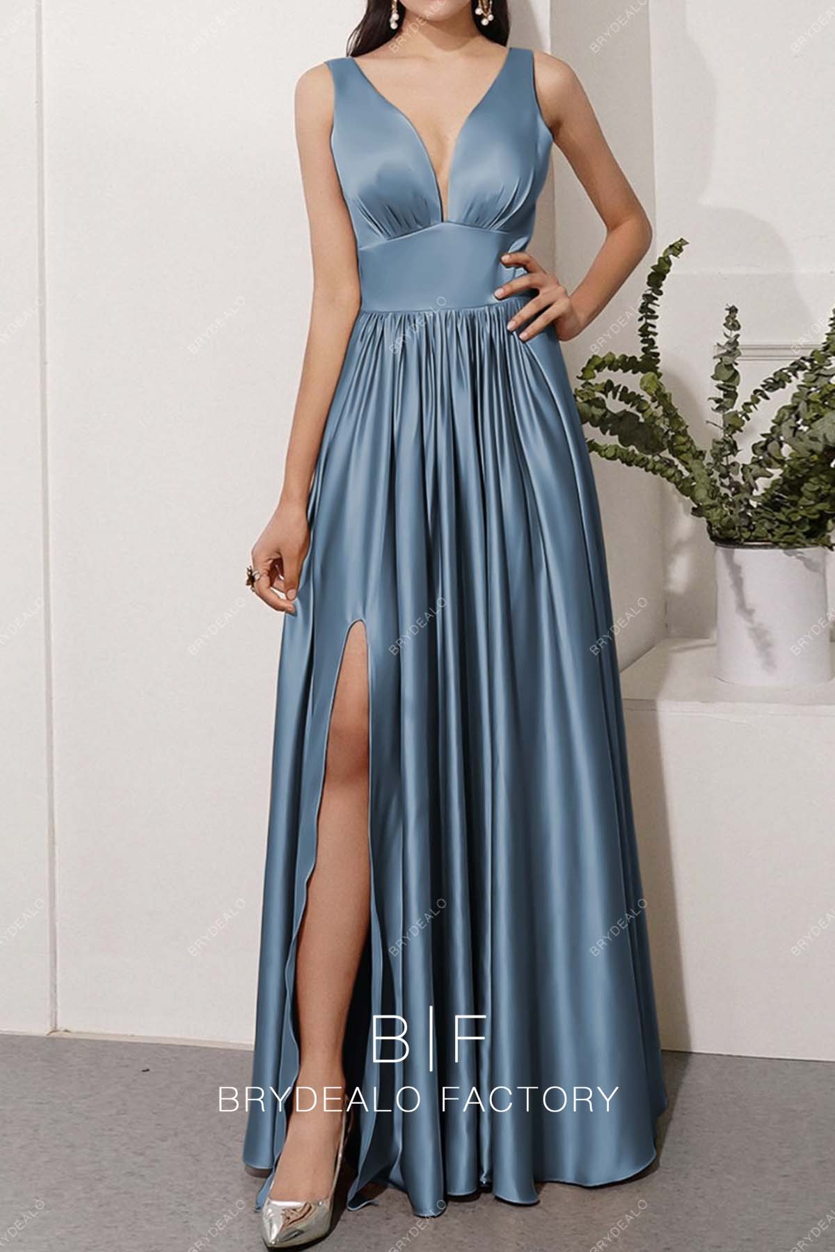 Dusty Blue Plunging Charmeuse Floor Length A-line Bridesmaid Prom Dress Dusty Blue Plunging Charmeuse Floor Length A-line Bridesmaid Prom Dress