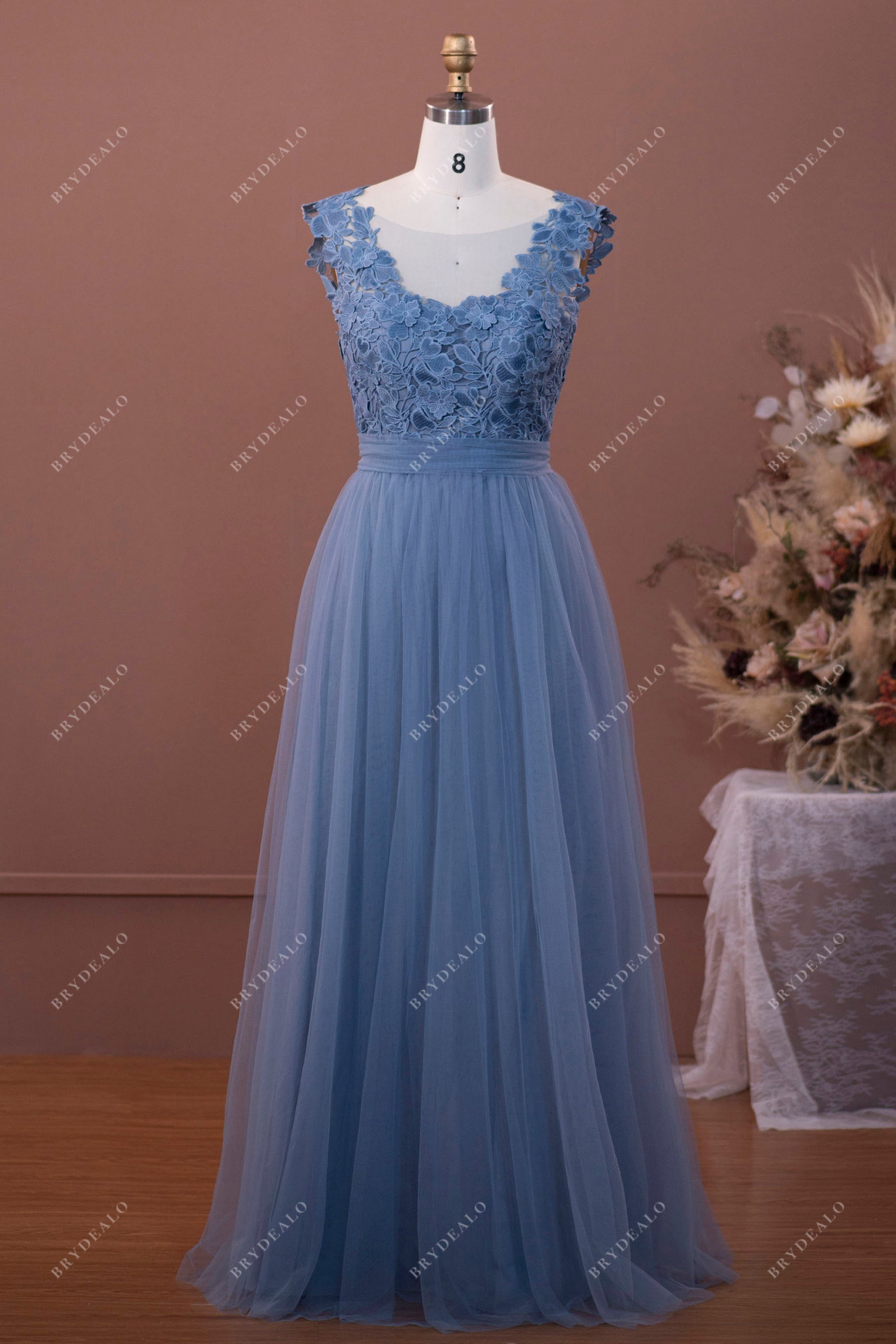 Elegant Dusty Blue Lace Tulle A-line Floor Length Bridesmaid Dress Elegant Dusty Blue Lace Tulle A-line Floor Length Bridesmaid Dress