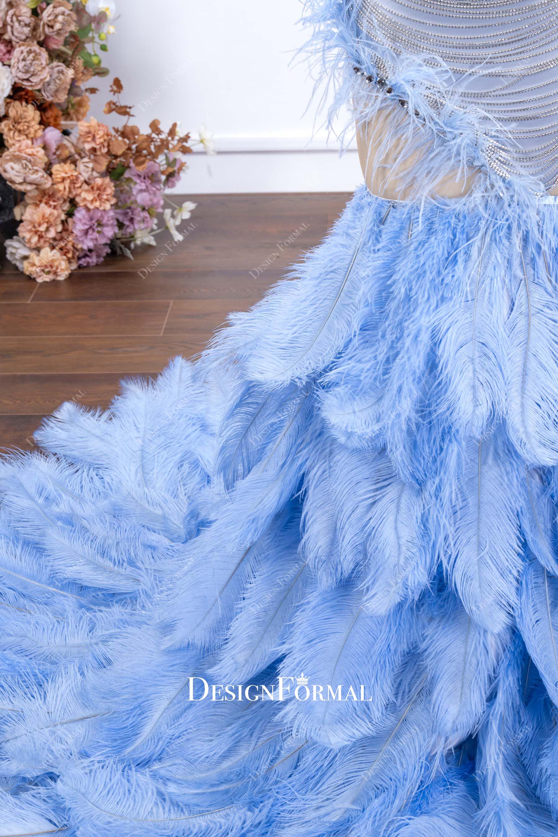 dusty blue rhinestones feathered prom dress