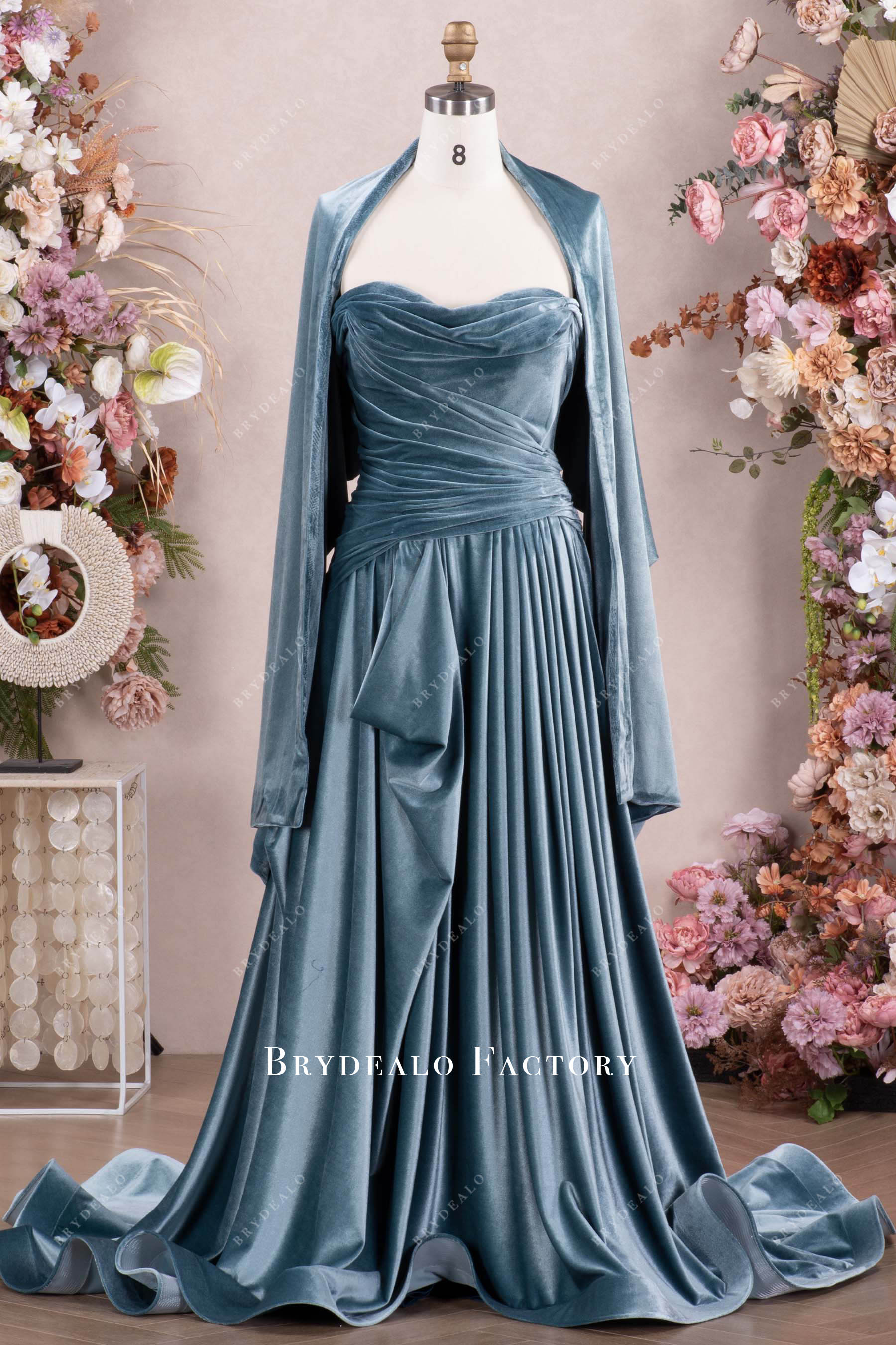 Elegant Dusty Blue Velvet Ruched Formal Dress with Shawl Elegant Dusty Blue Velvet Ruched Formal Dress with Shawl