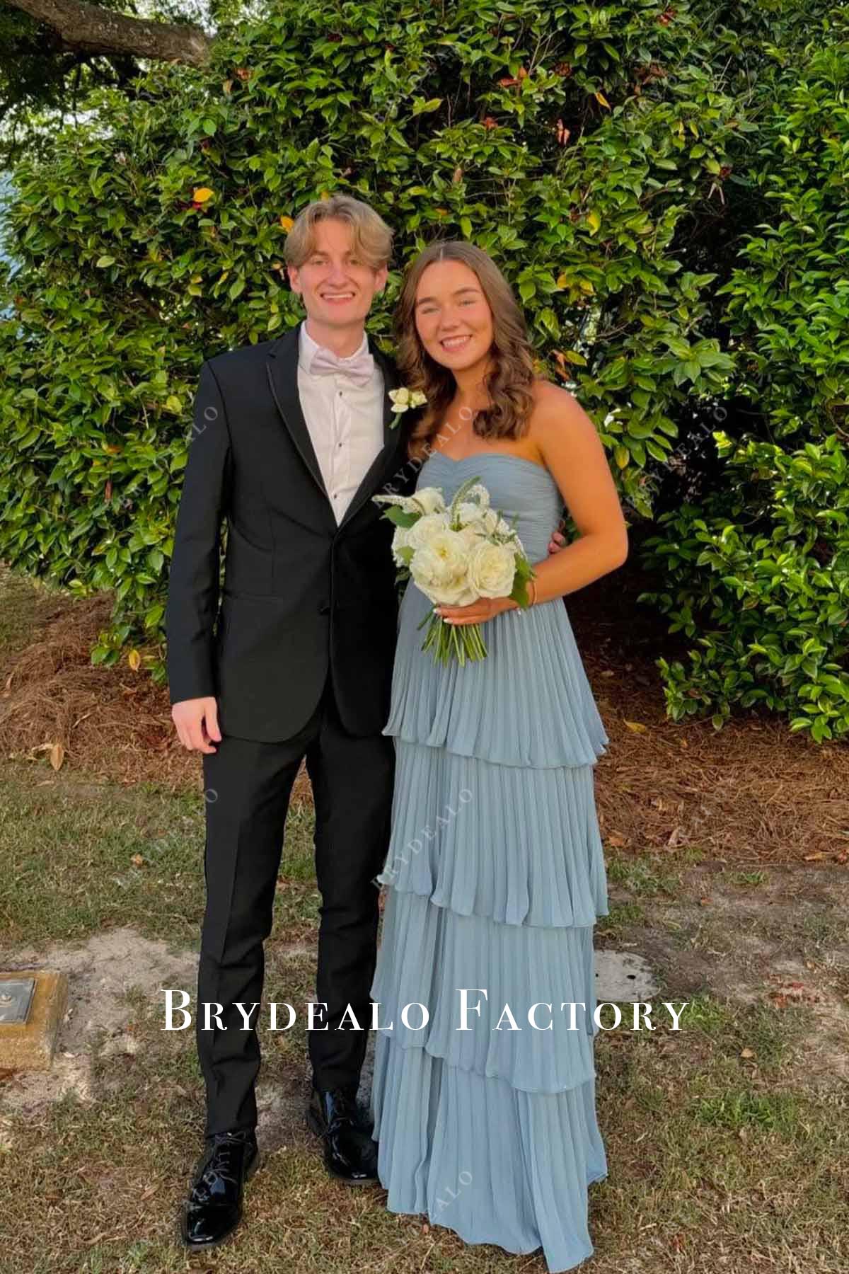 dusty blue strapless formal dress