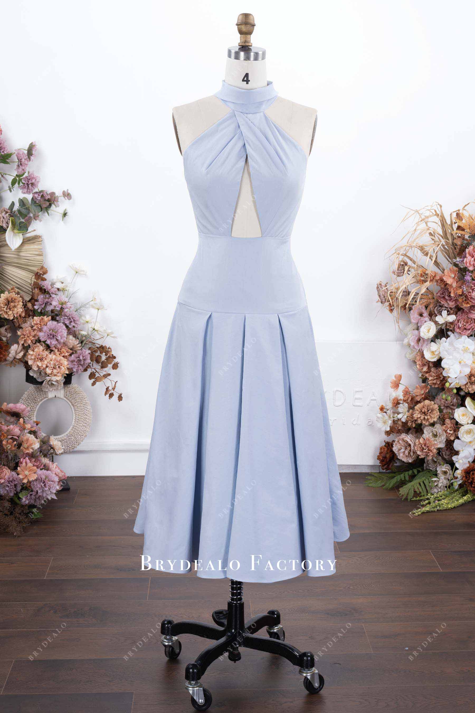 Blue Halter Pleated Tea-Length A-Line Formal Dress
