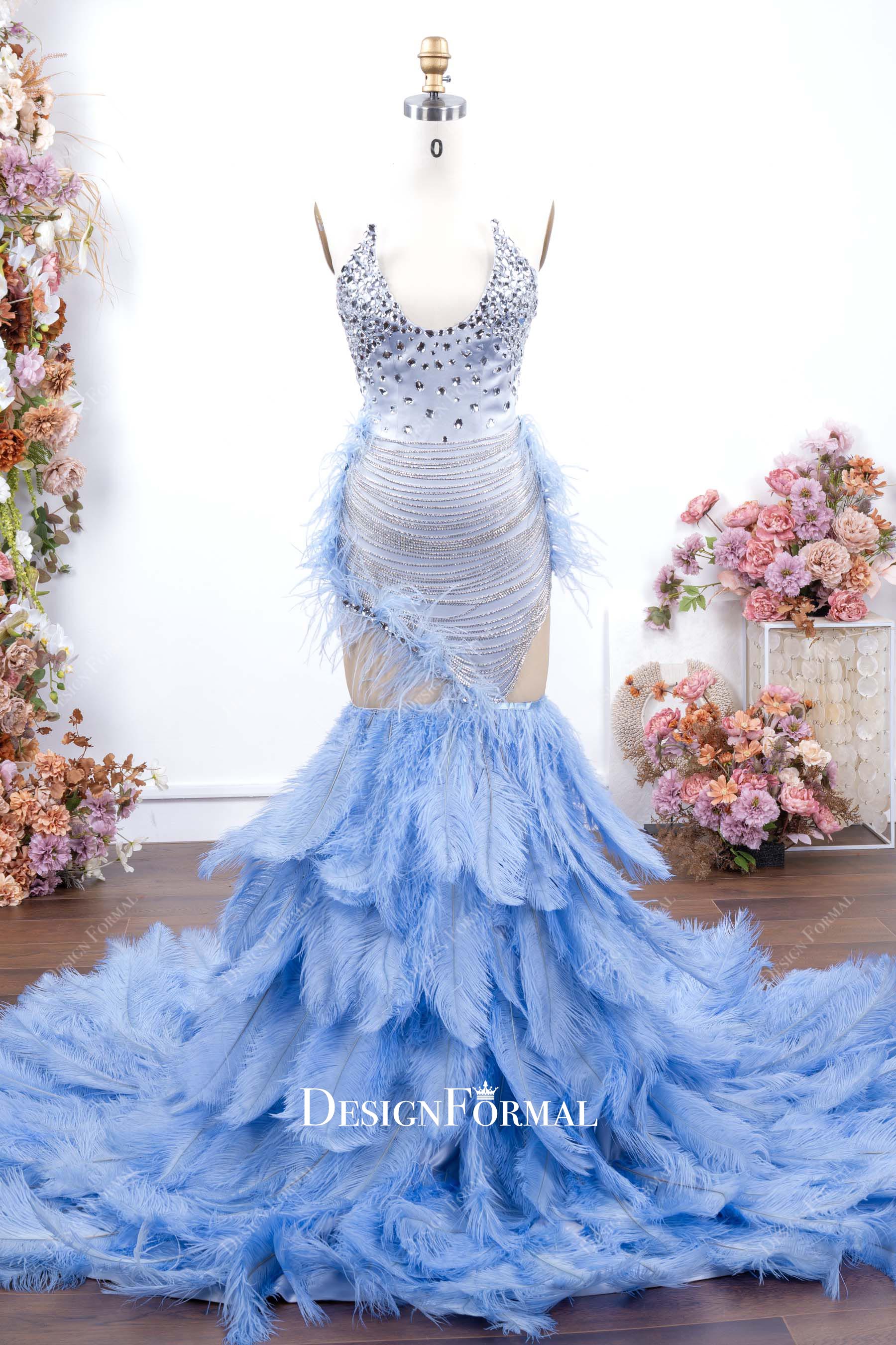 dusty blue trumpet feathered prom dress