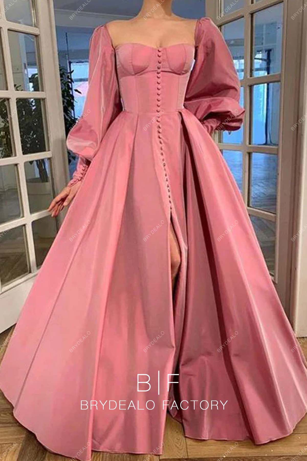 Dusty Pink Taffeta Long Sleeves Slit A-line Floor Length Evening Gown Dusty Pink Taffeta Long Sleeves Slit A-line Floor Length Evening Gown