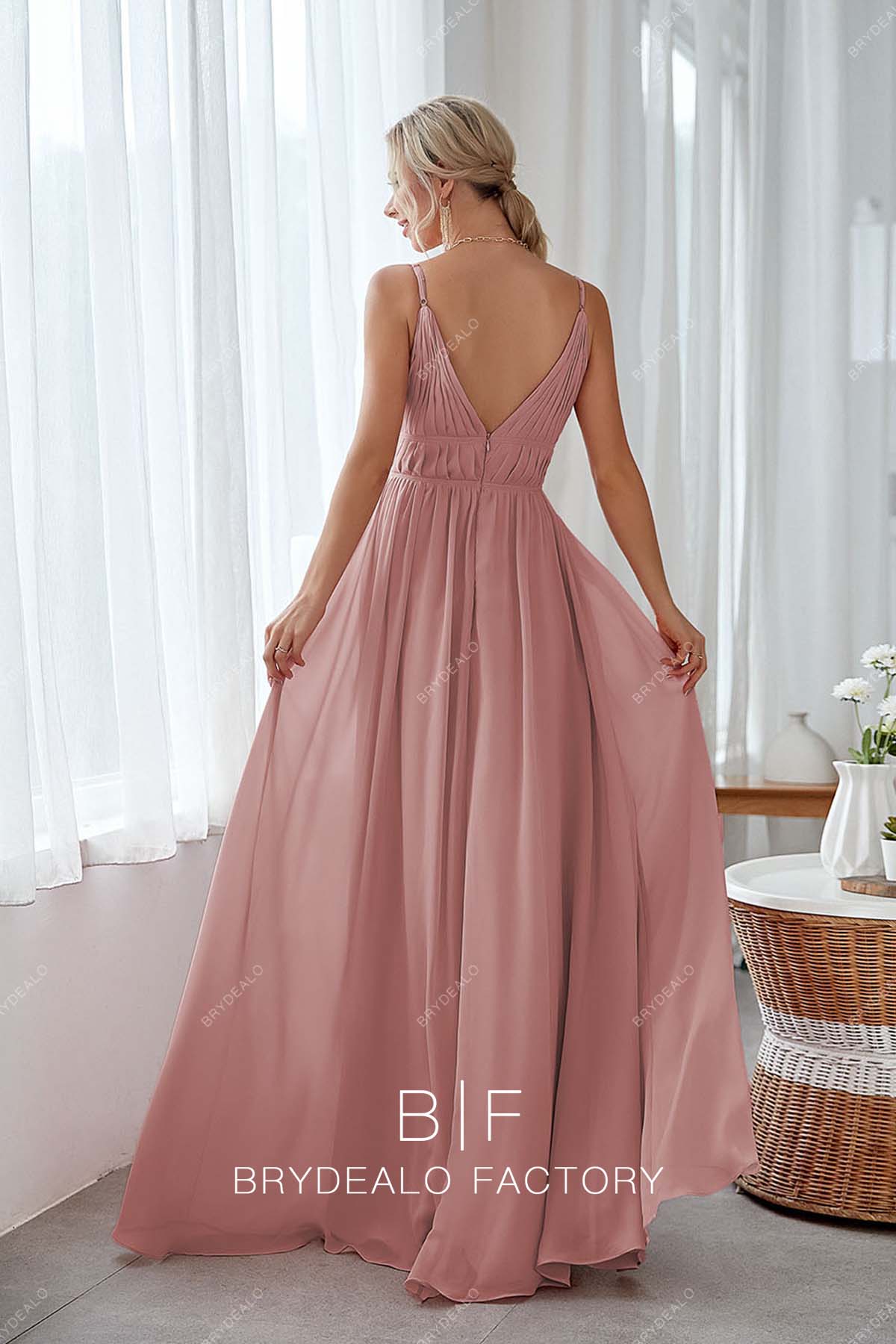 dusty rose chiffon open back bridesmaid dress