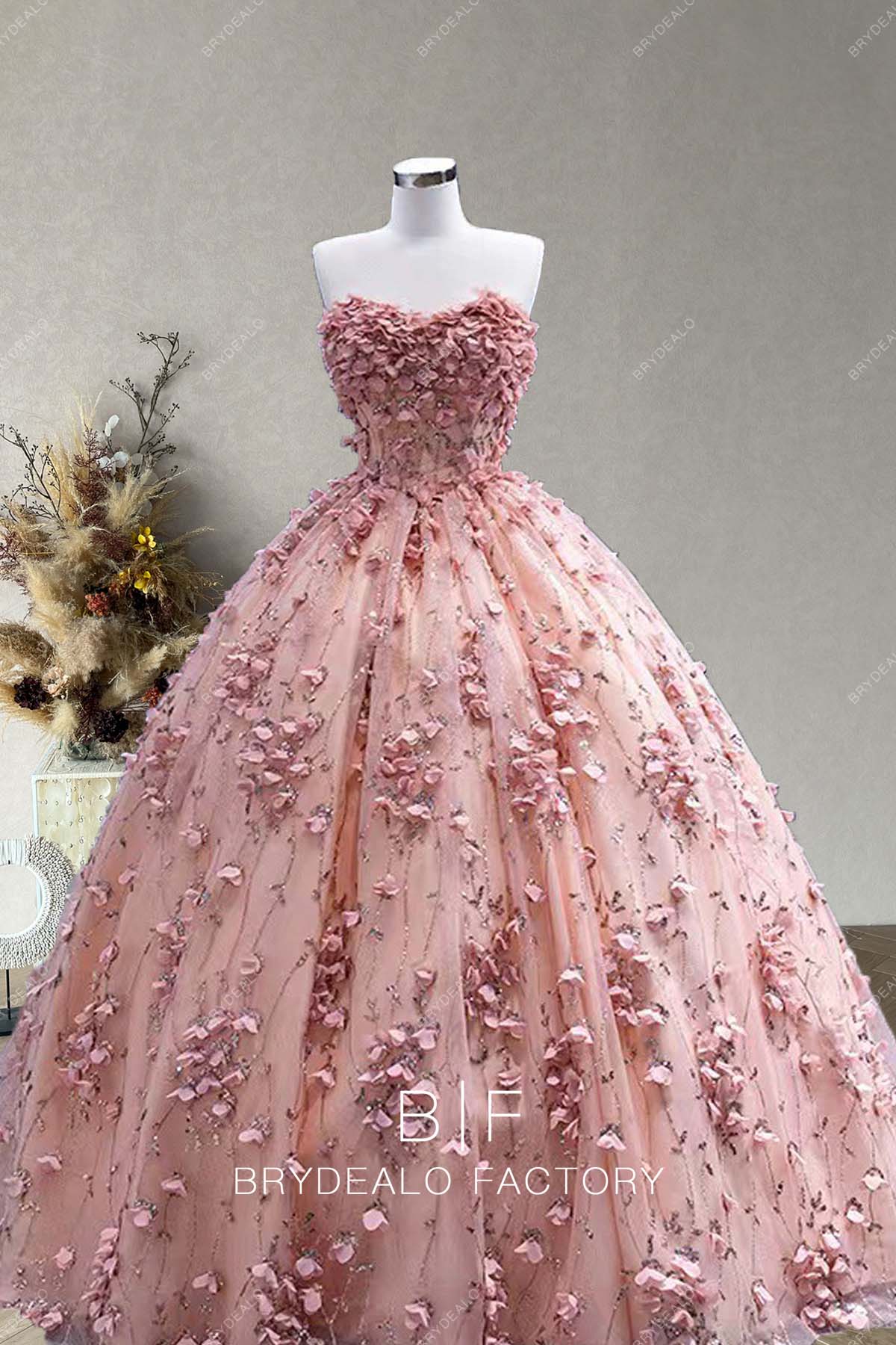 Dusty Rose Romantic Flowers Lace Strapless Ball Gown Formal Dress Dusty Rose Romantic Flowers Lace Strapless Ball Gown Formal Dress