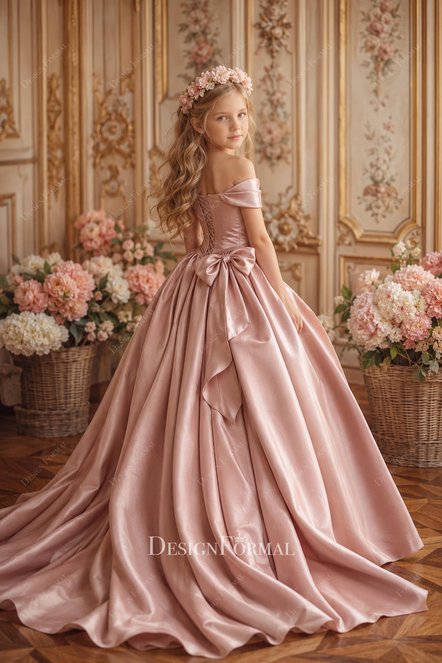 dusty rose satin court train kids formal gown