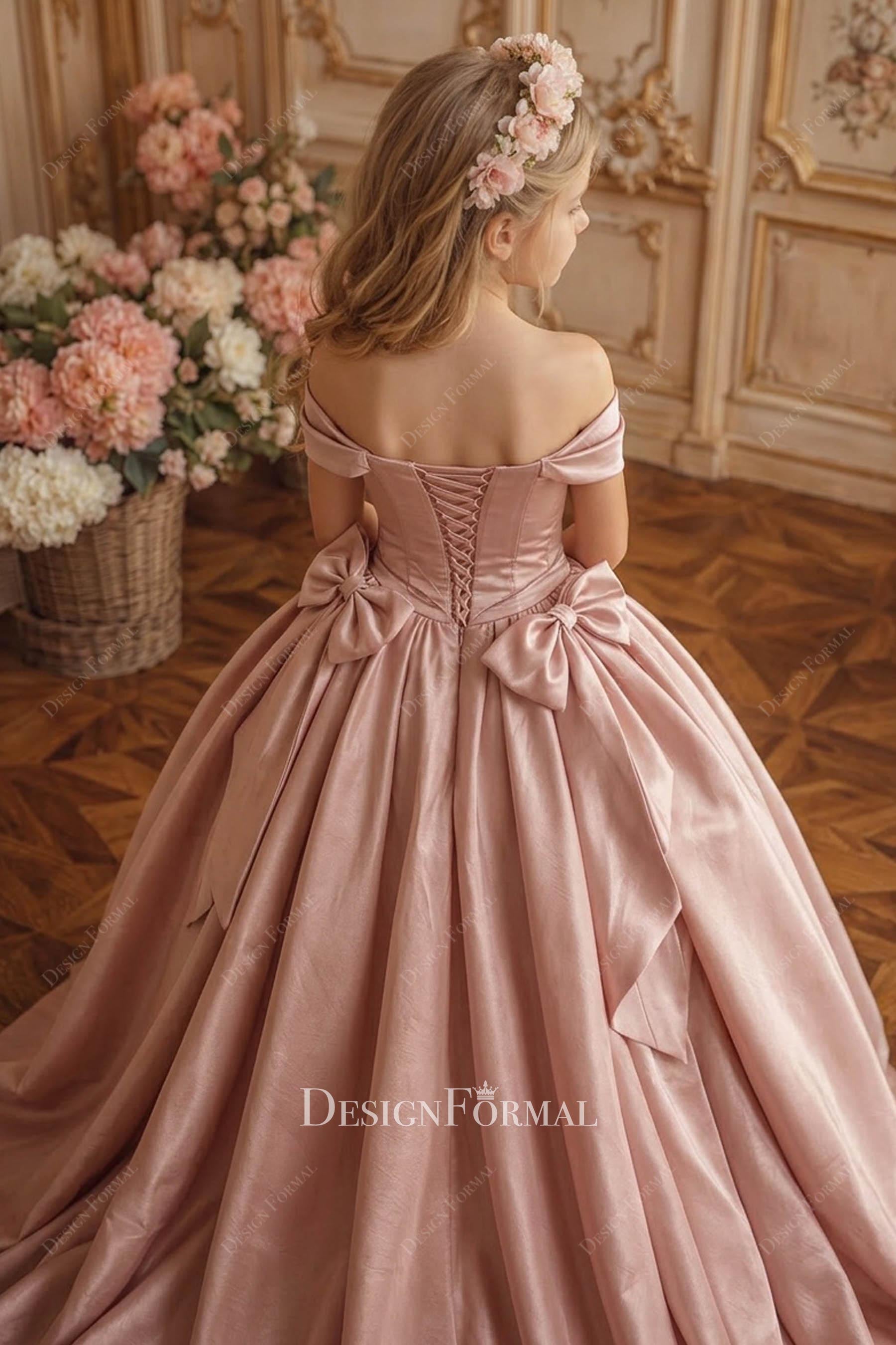 dusty rose satin lace up back kids formal gown
