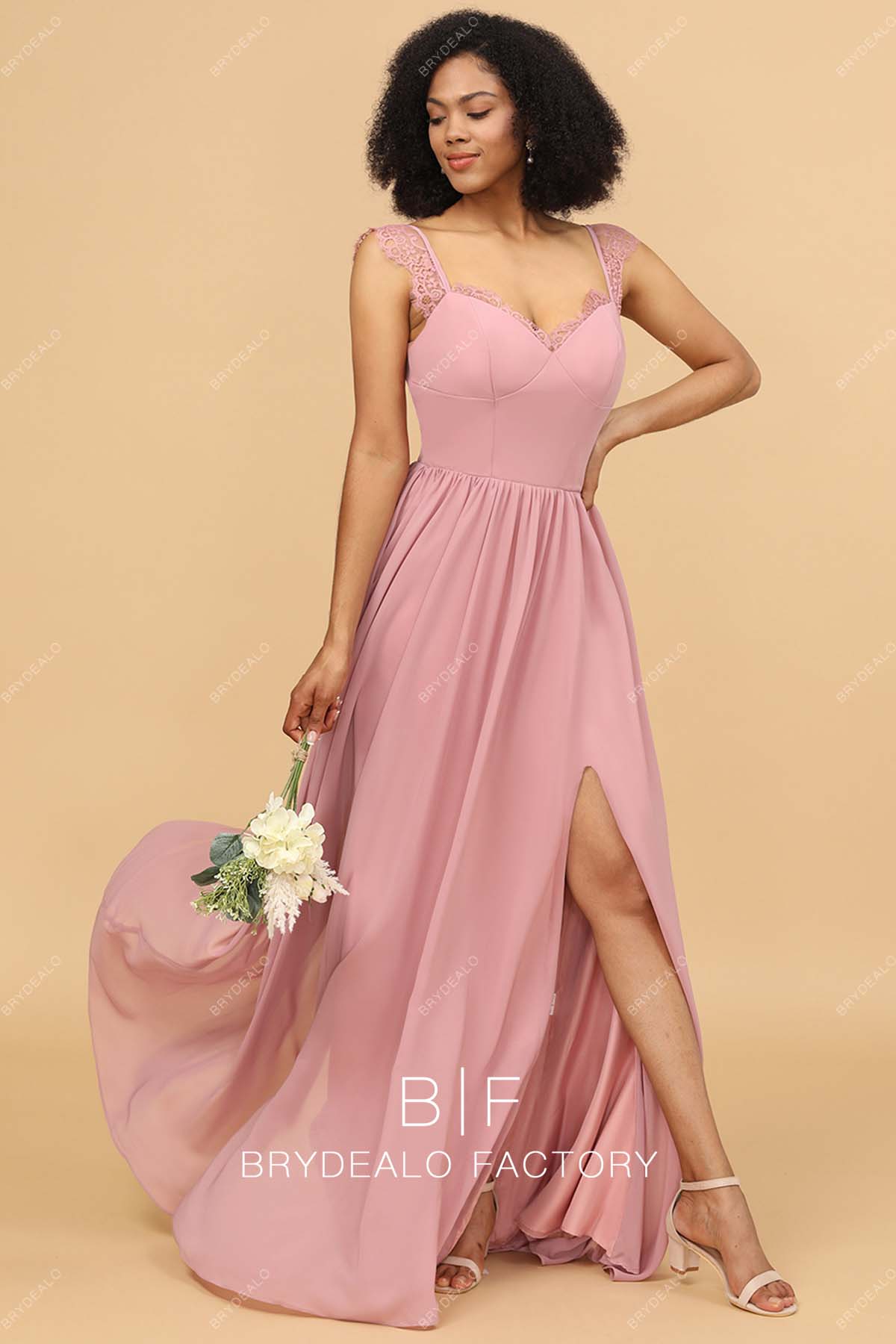 dusty rose slit chiffon bridesmaid dress