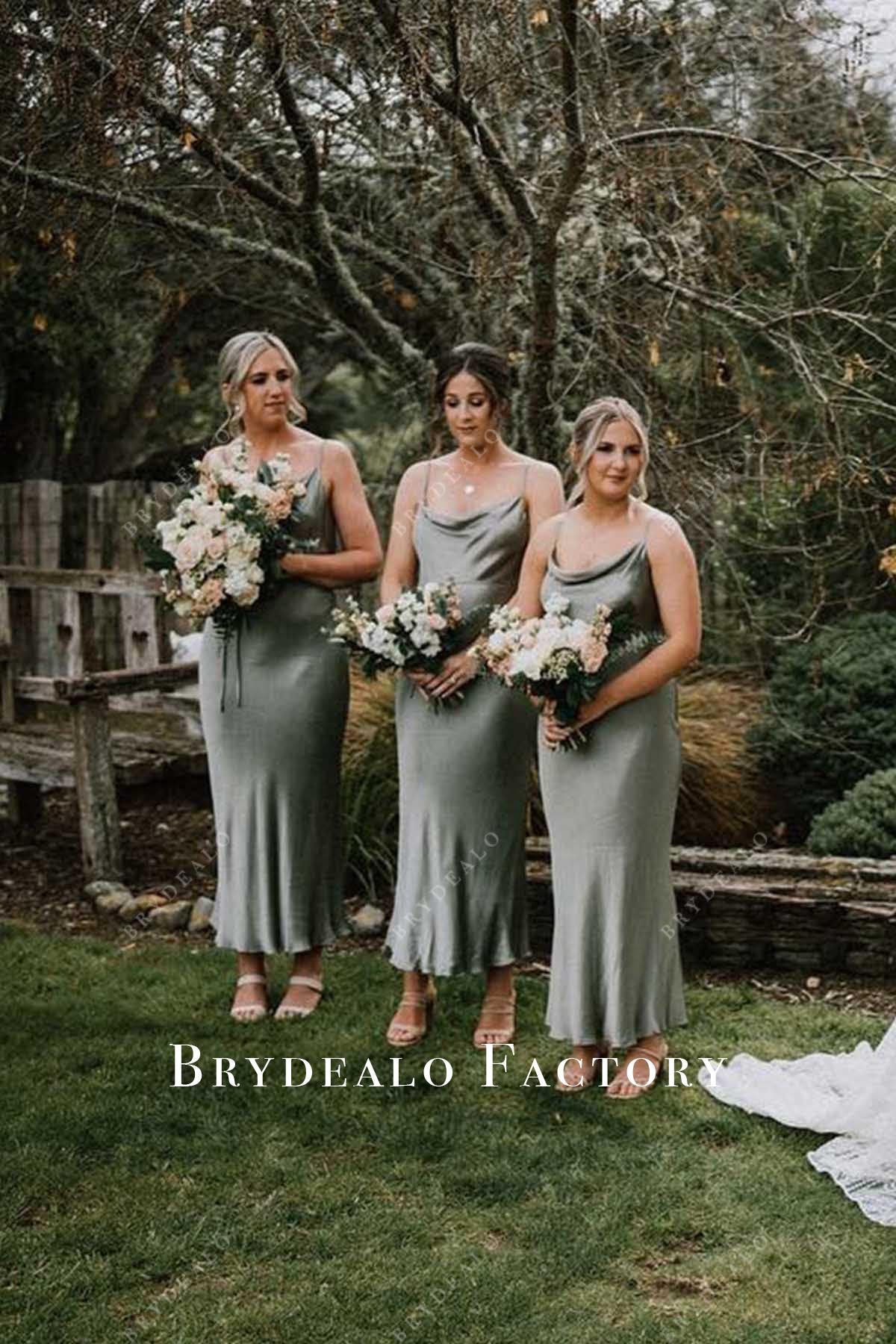Dusty Sage Satin Cowl Neck Fit Flare Bridesmaid Dress