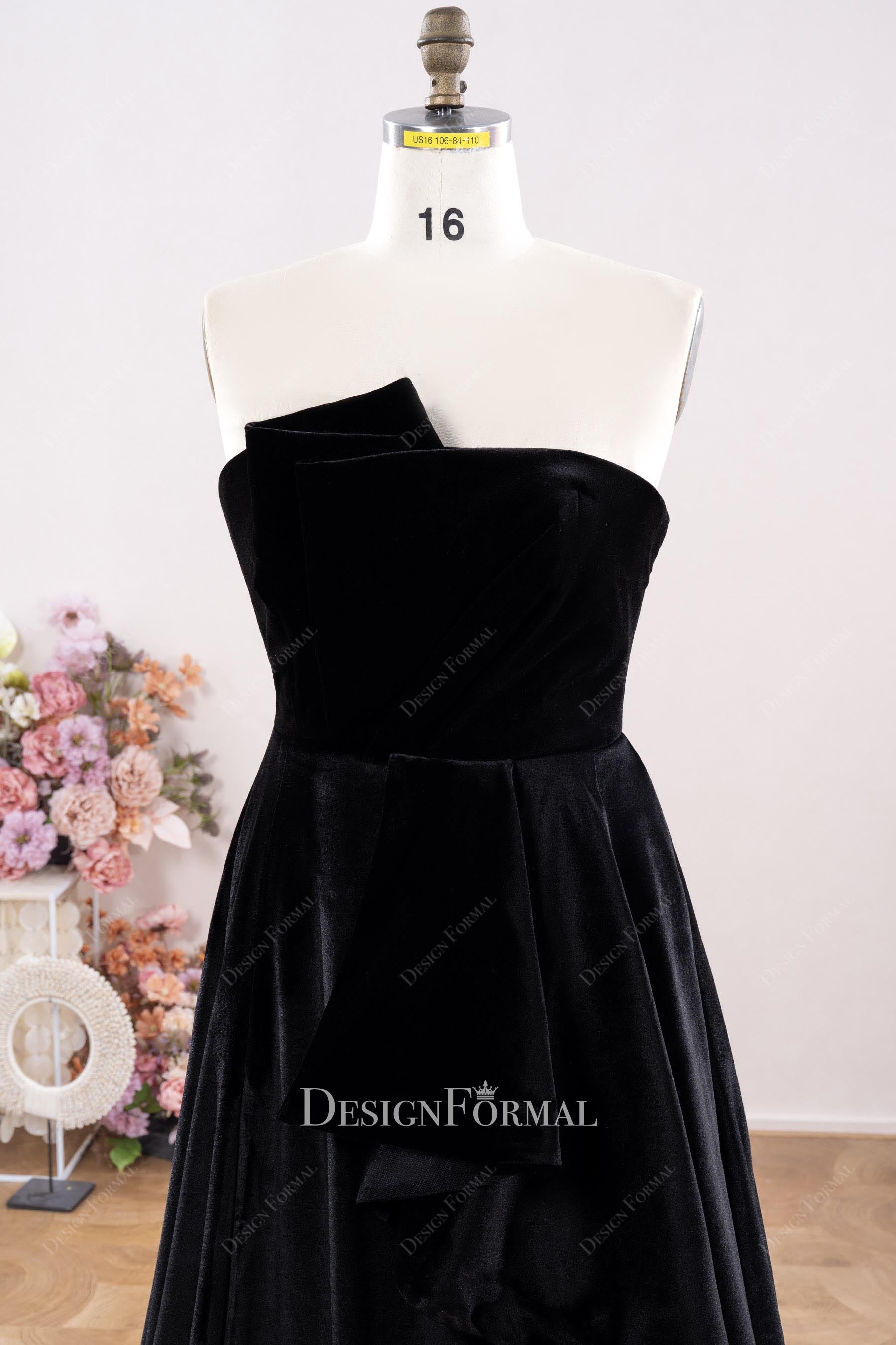 elegant black velvet strapless formal dress