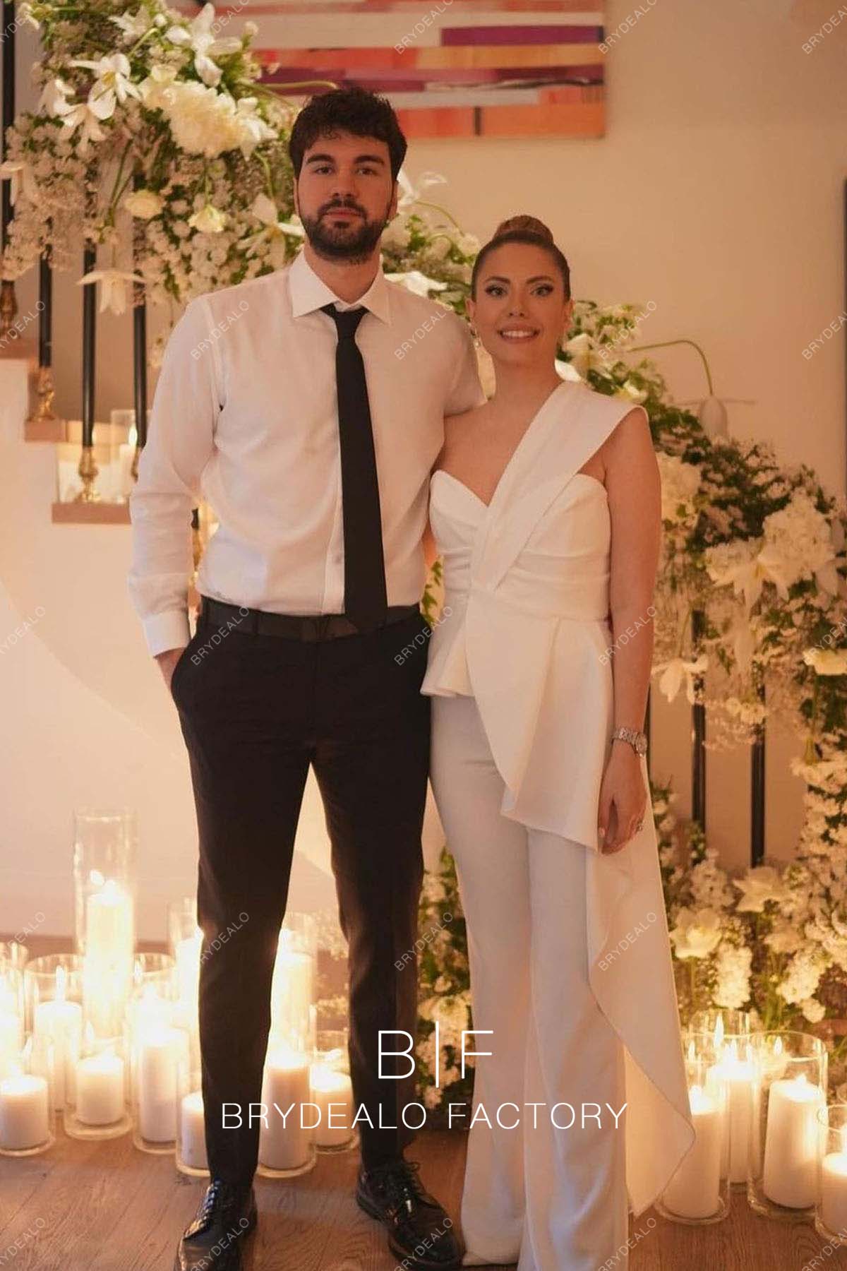 Sweetheart Neck Crepe One-shoulder Unique Bridal Jumpsuit