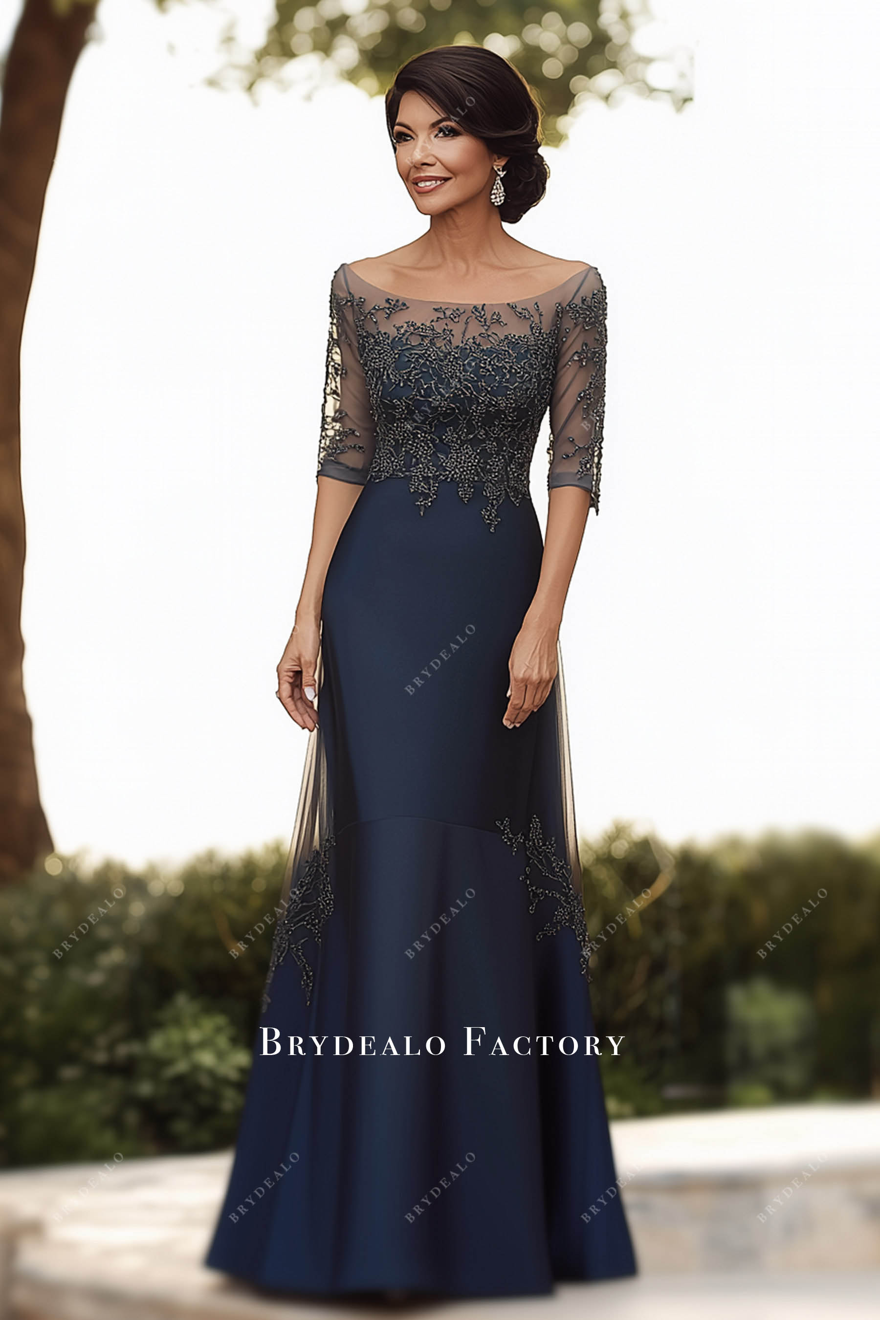 Navy Boat Neck Mermaid Mother of Bride & Groom Dress Navy Boat Neck Mermaid Mother of Bride & Groom Dress