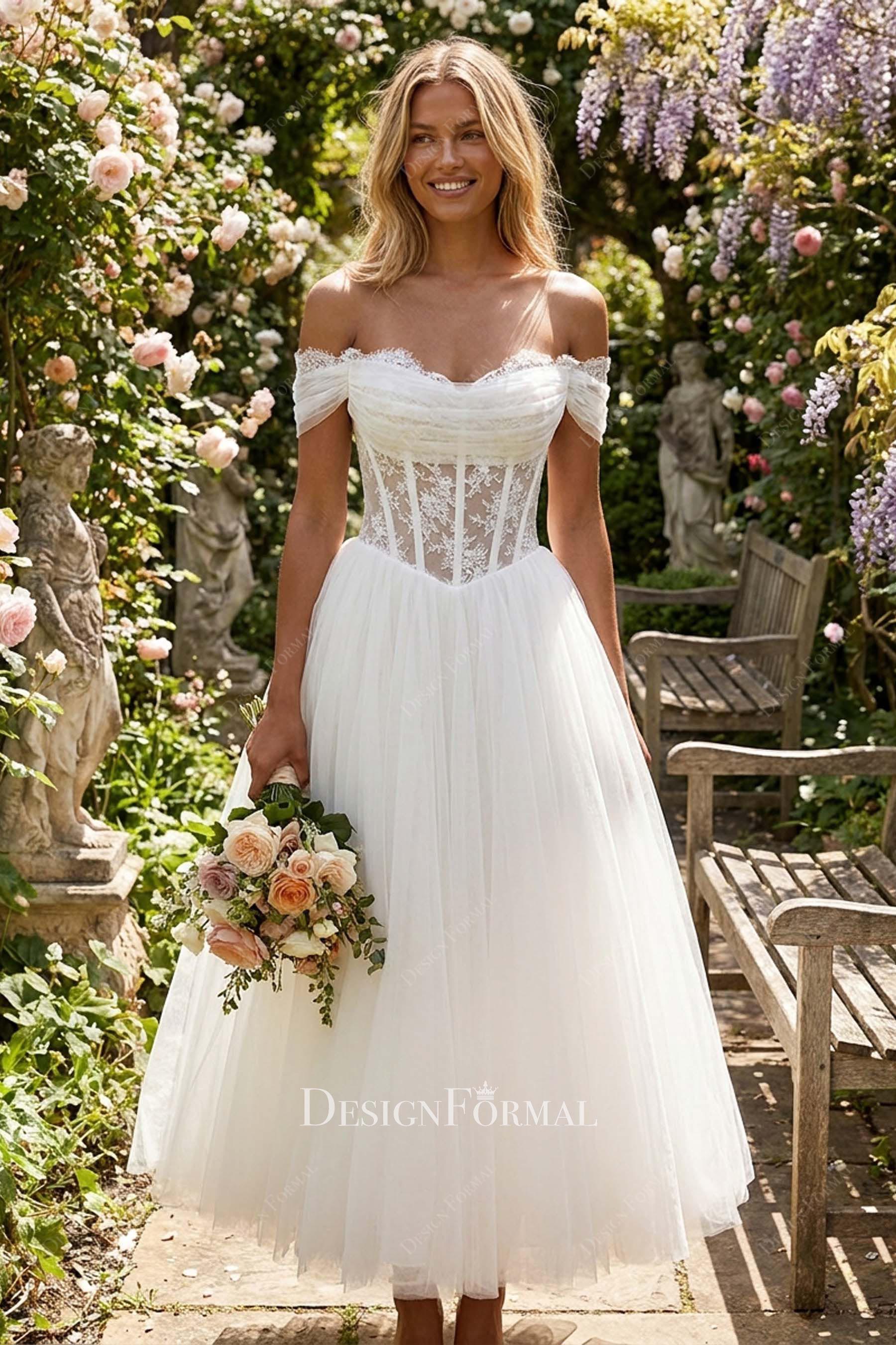 elegant off shoulder a line wedding dress