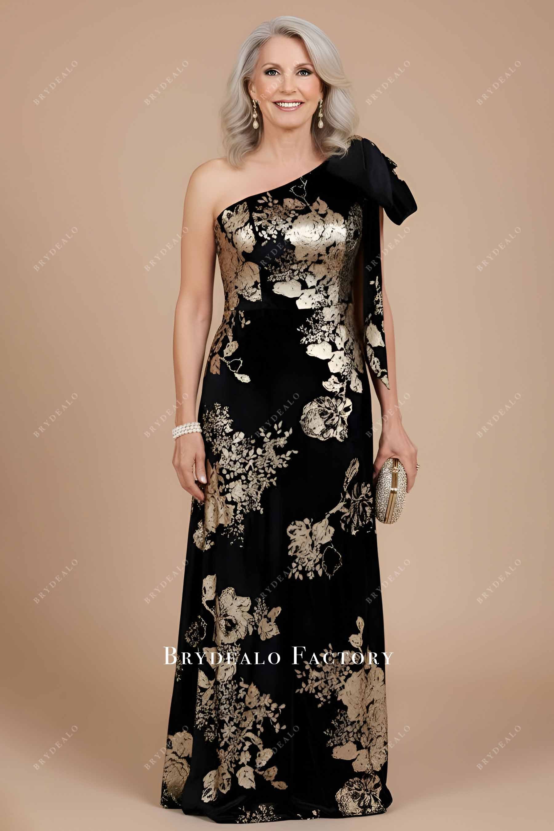 Black Gold Velvet One-Shoulder Floral Mother Of Bride Dress