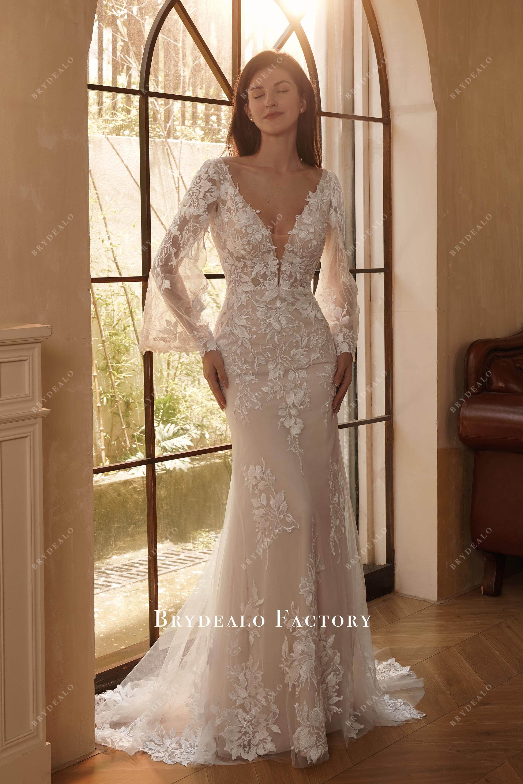 fitted lace wedding dress Romantic Floral Lace Bell Sleeve Mermaid Wedding Dress, Light Champagne