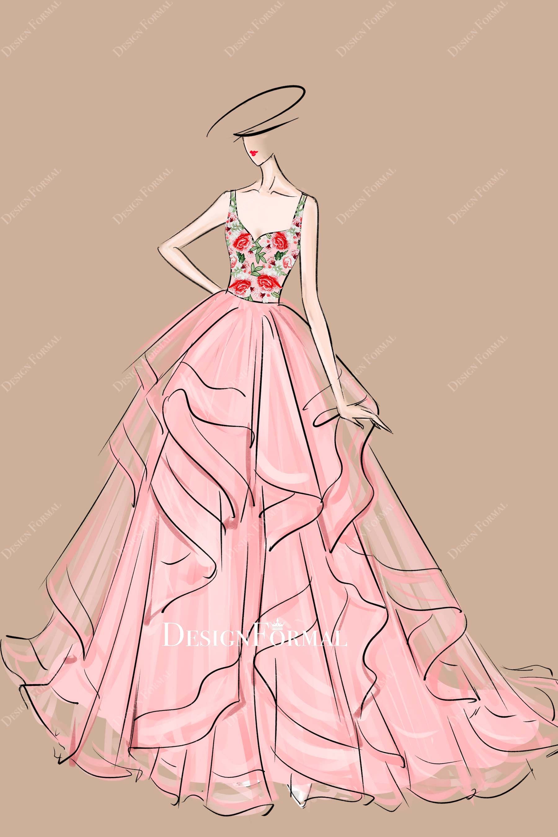 Embroidery Pink Tulle Ruffled Ball Gown Formal Dress Sketch