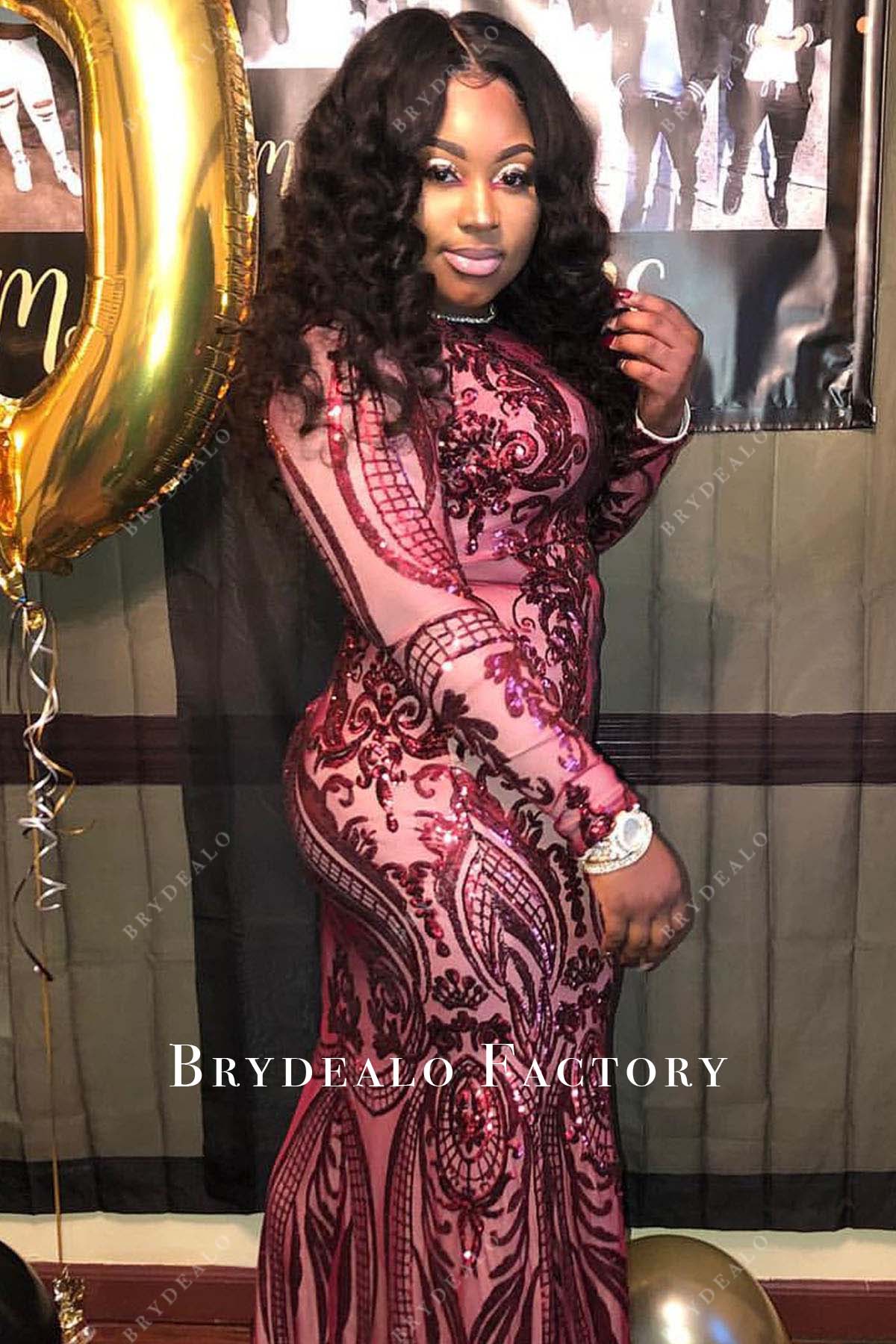 Burgundy Embroidery Sequin Long Sleeve Fit and Flare Prom Dress Burgundy Embroidery Sequin Long Sleeve Fit and Flare Prom Dress