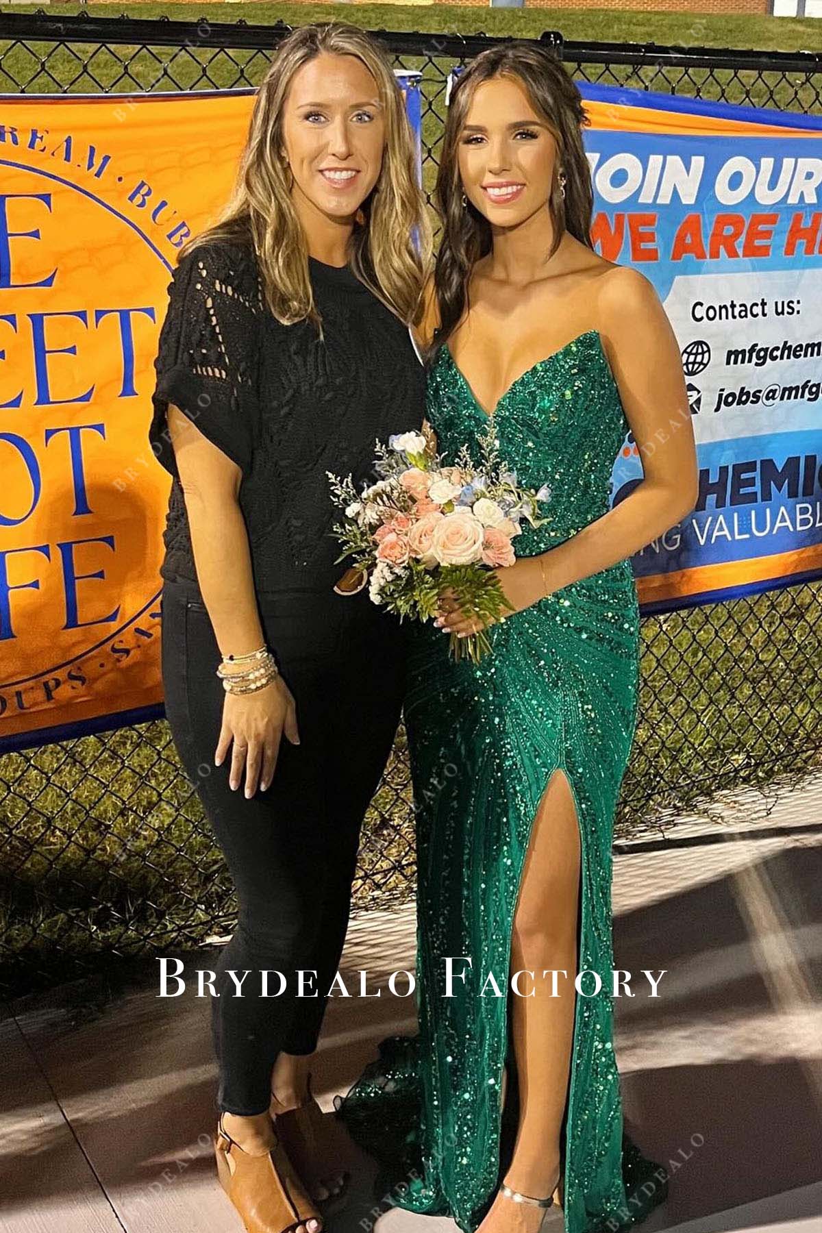 Emerald Sequined Strapless Slit Homecoming Prom Dress