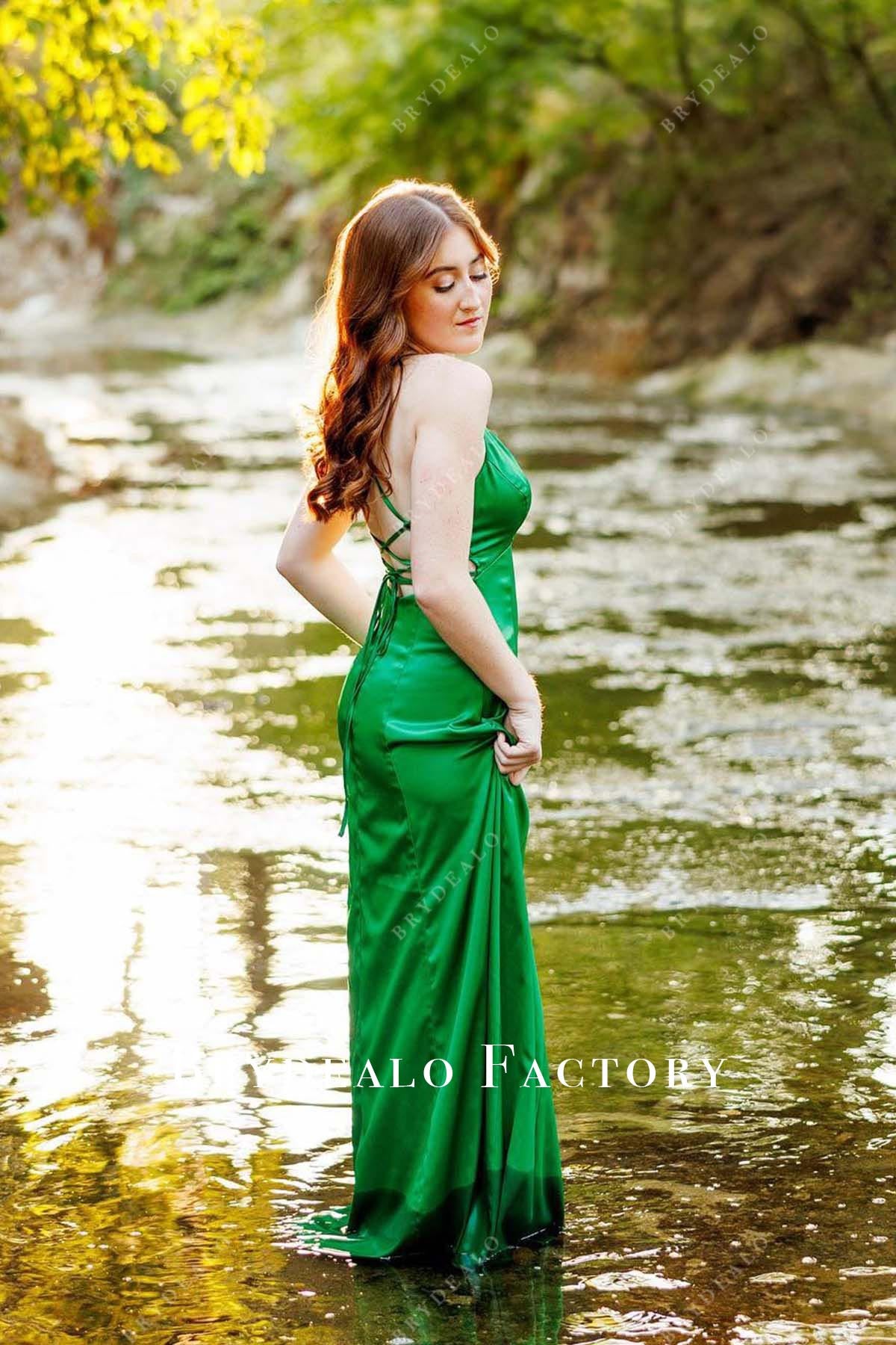 Prom Dress | Emerald Spaghetti Straps V-Neck Slit Formal Gown Prom Dress | Emerald Spaghetti Straps V-Neck Slit Formal Gown