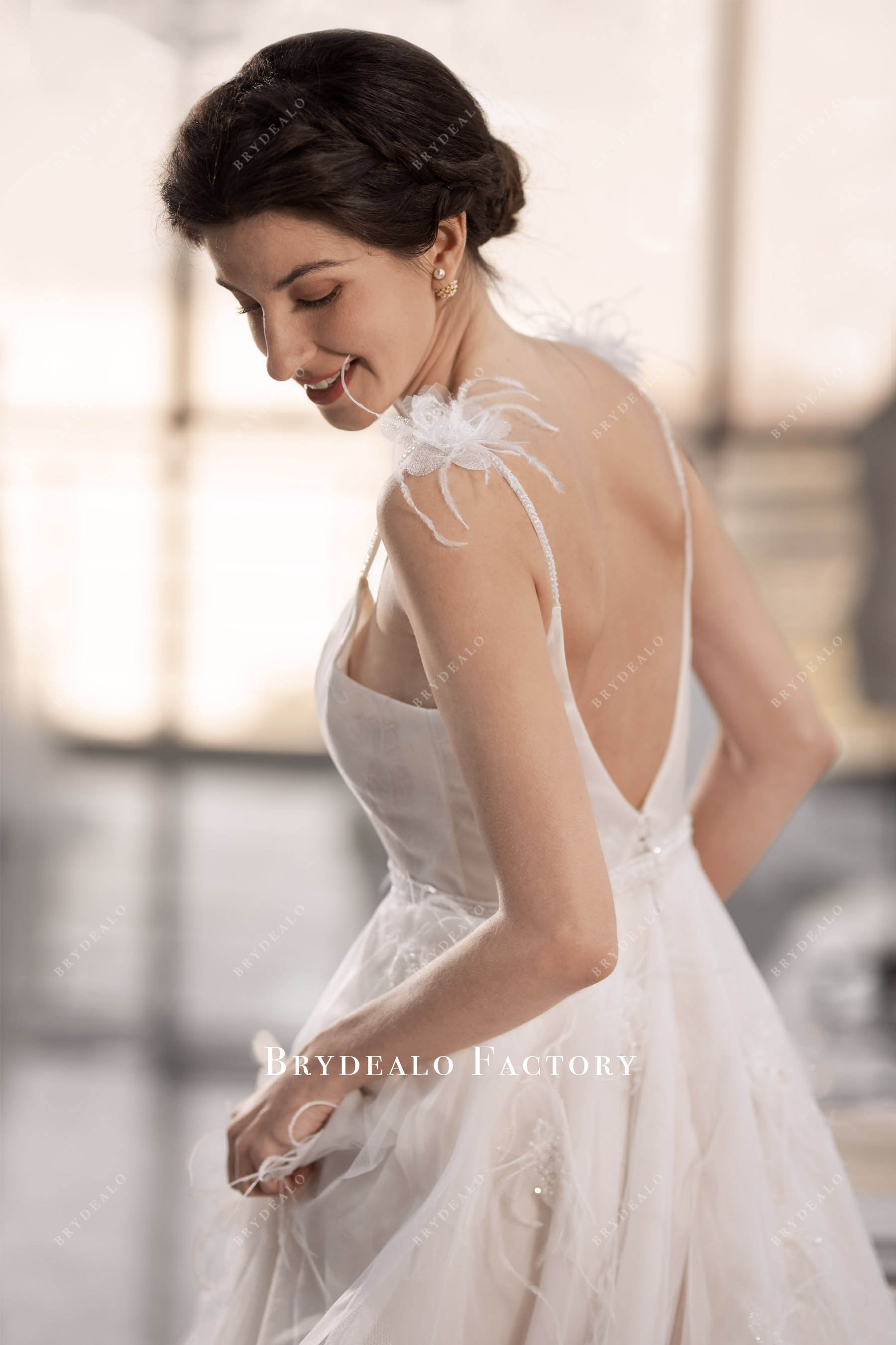 sleeveless feather flower boho wedding dress spring