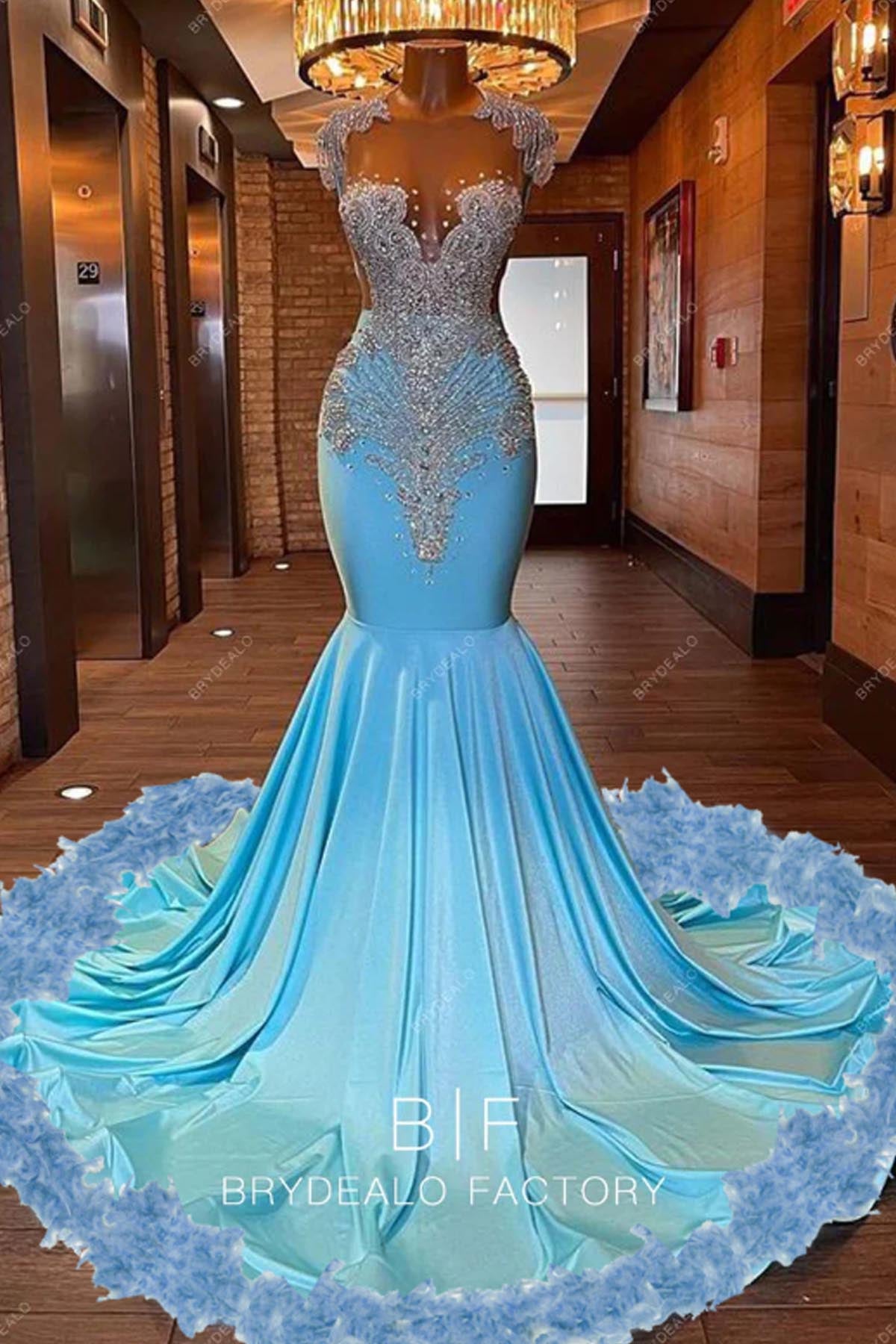 turkey feathers long train blue mermaid prom dress