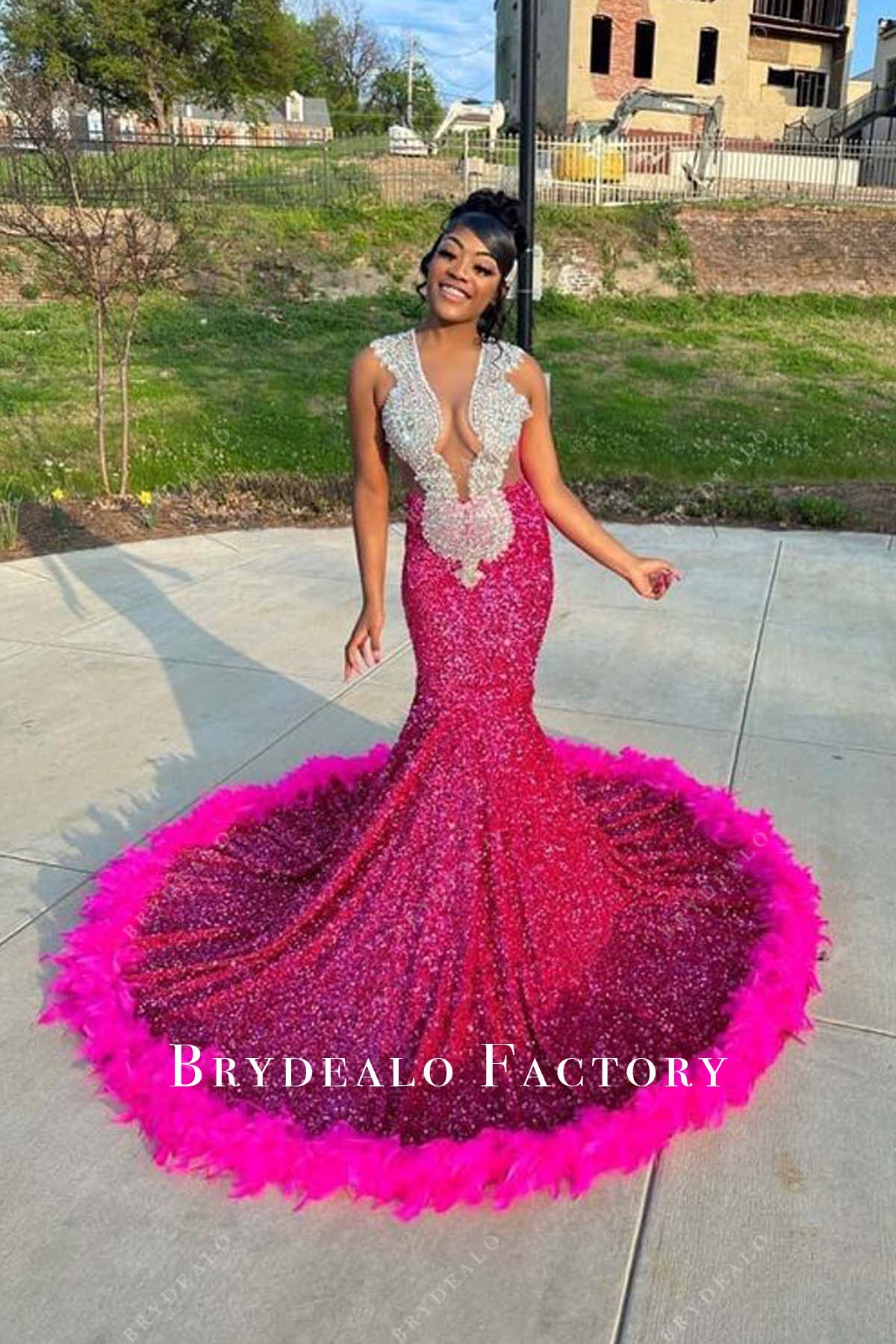 Rhinestones Fuchsia Feather Sequin Mermaid Prom Dress Rhinestones Fuchsia Feather Sequin Mermaid Prom Dress