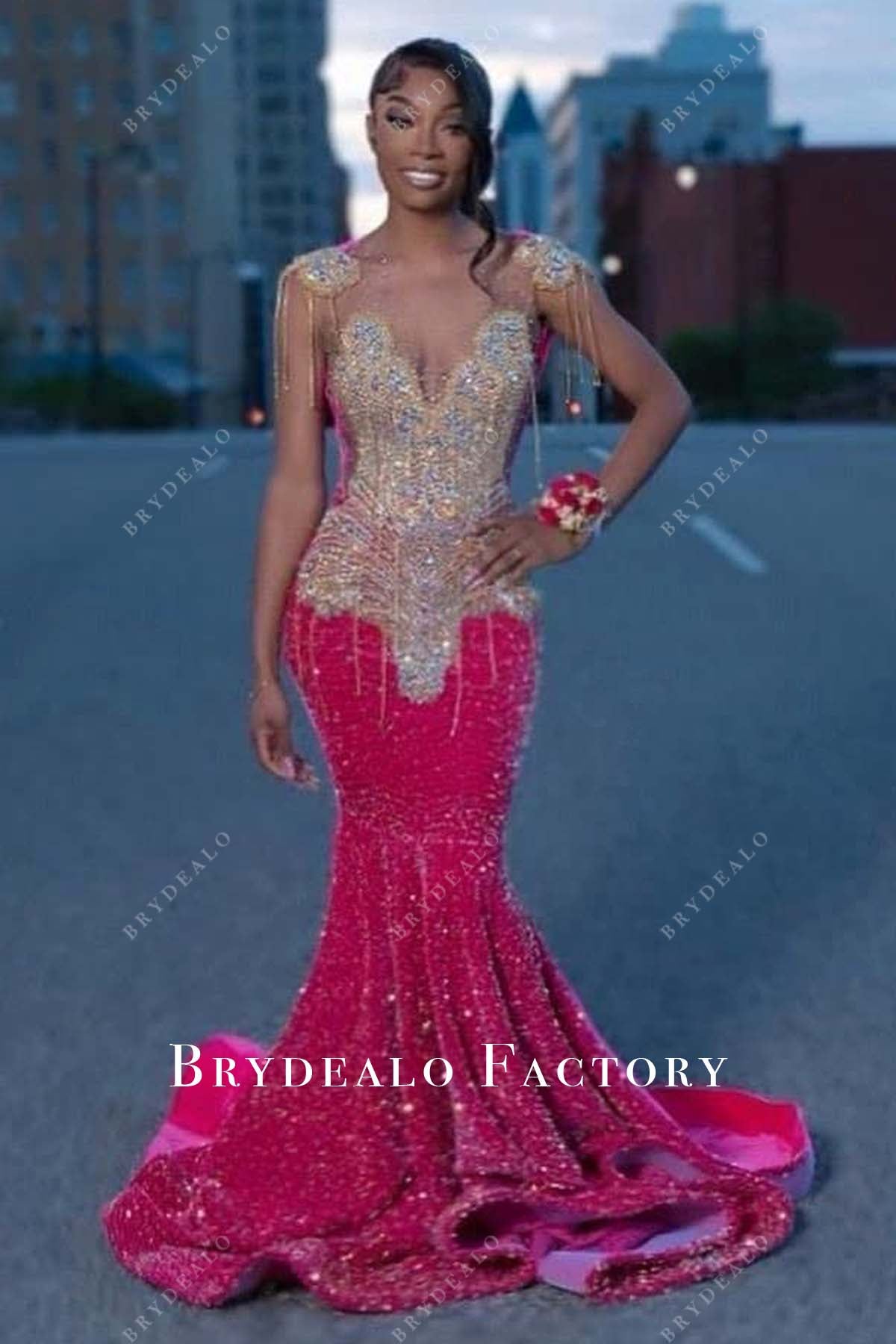 Fuchsia Sequin Gold Tassel Sparkly Mermaid Prom Dress Fuchsia Sequin Gold Tassel Sparkly Mermaid Prom Dress