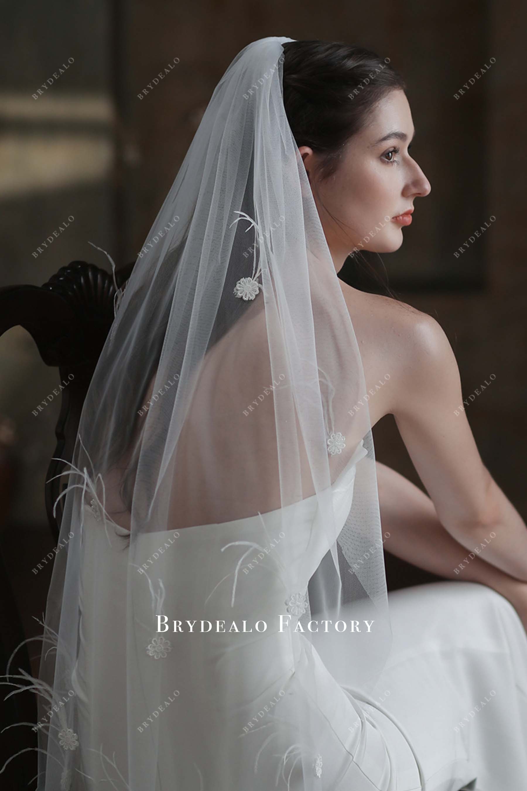 feathered lace appliques wedding veil
