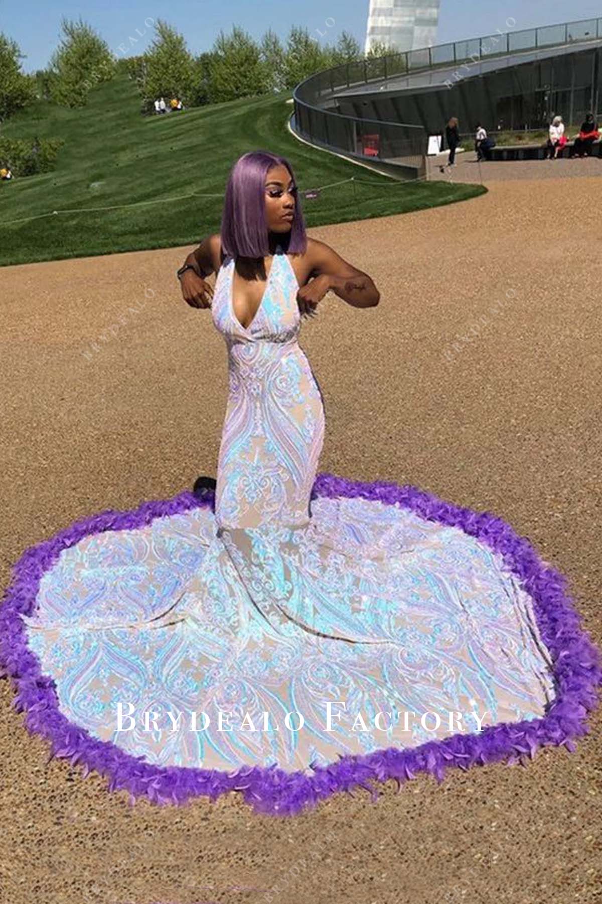 Iridescent Sequin Halter Purple Feather Long Train Mermaid Prom Dress