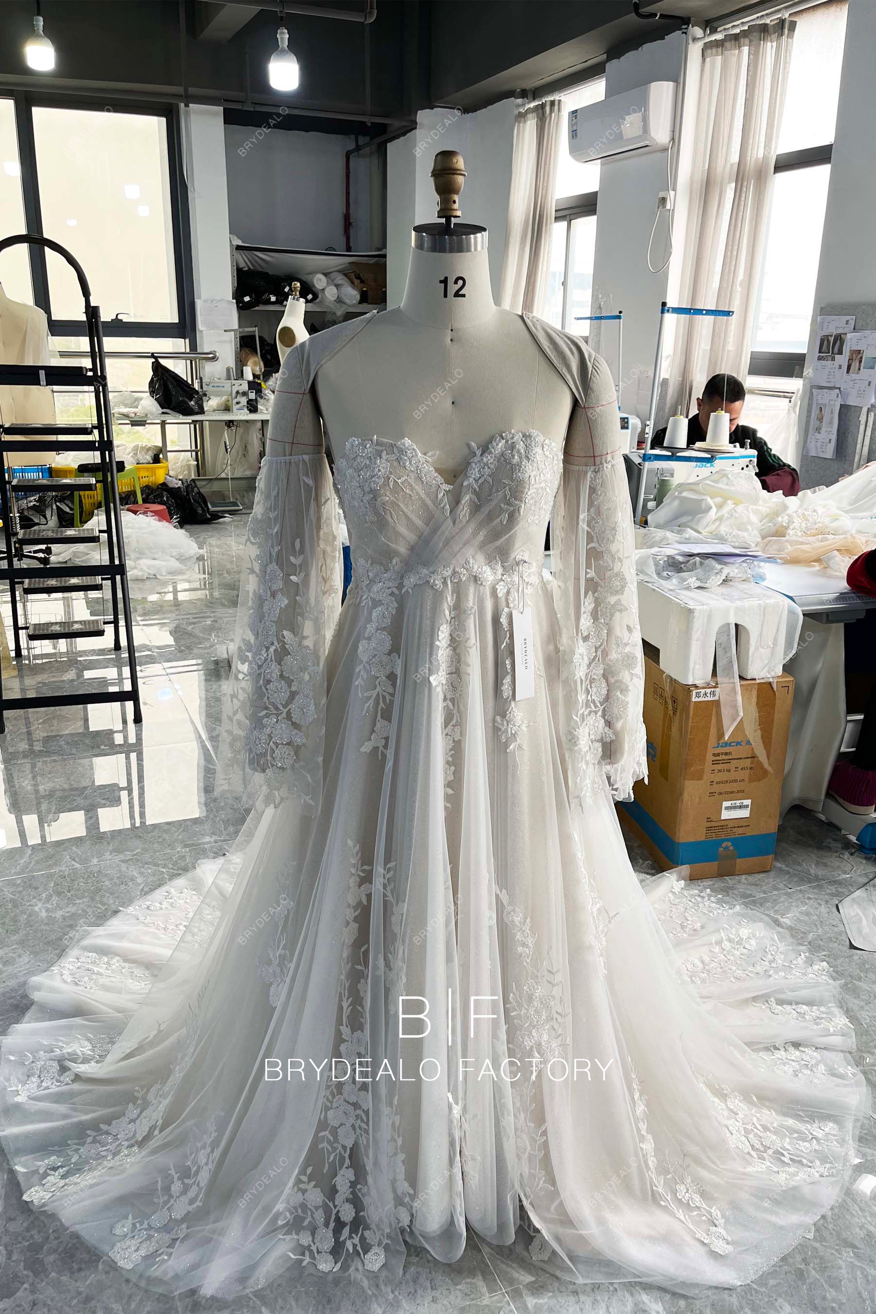 custom off shoulder long sleeve empire waist wedding dress