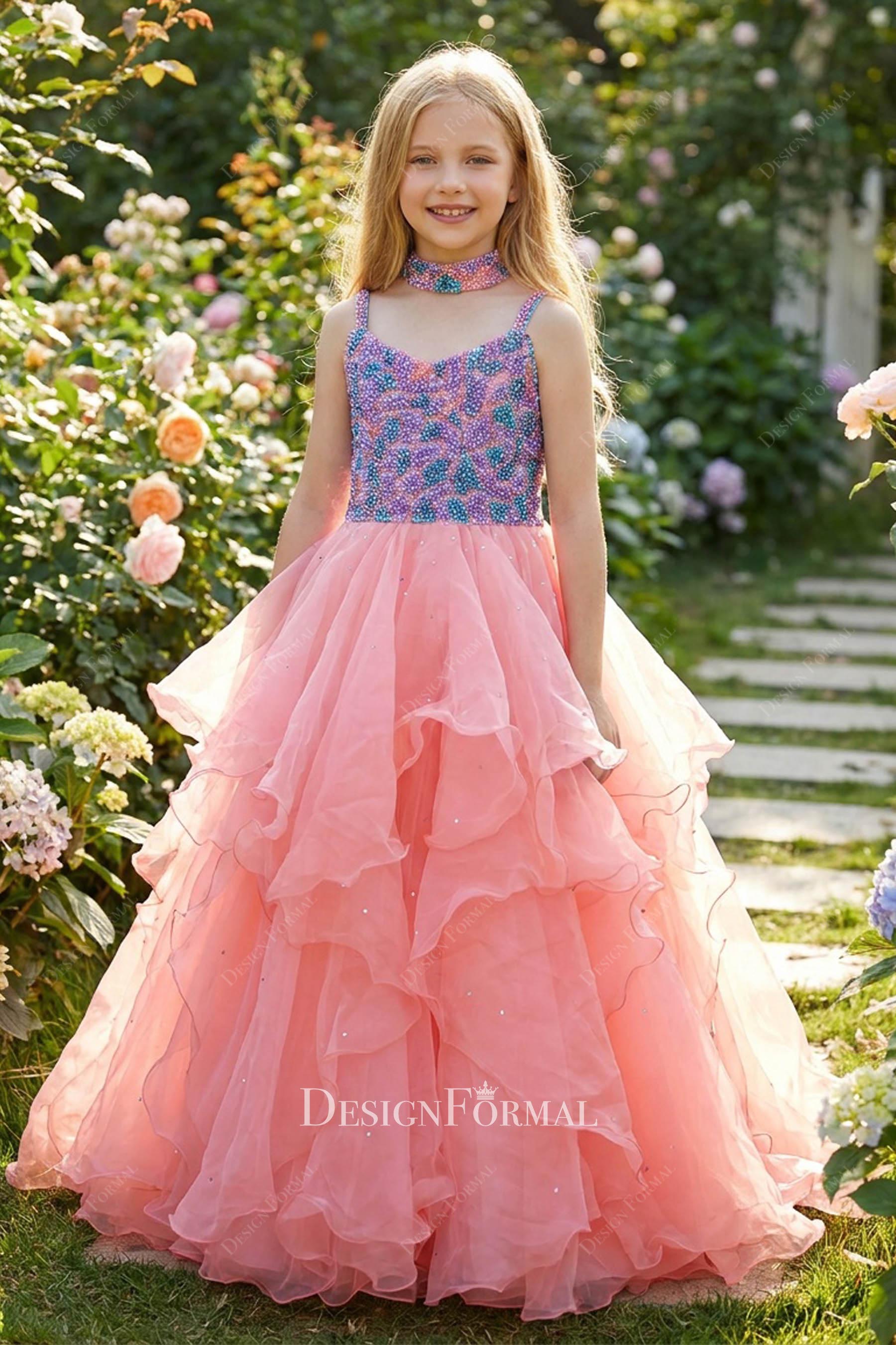 flamingo beaded little girl pageant gown