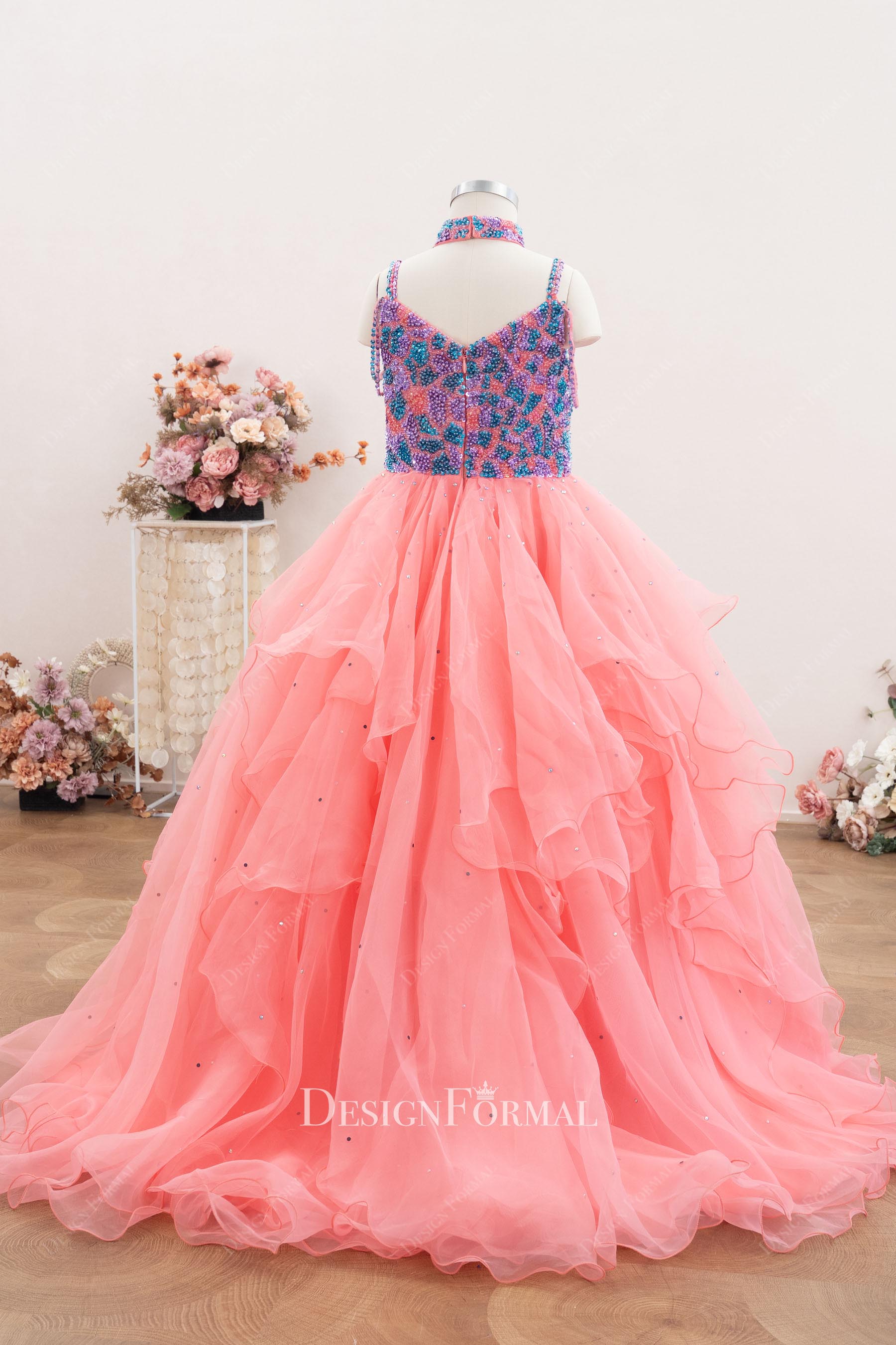 flamingo beaded ruffled pageant gown