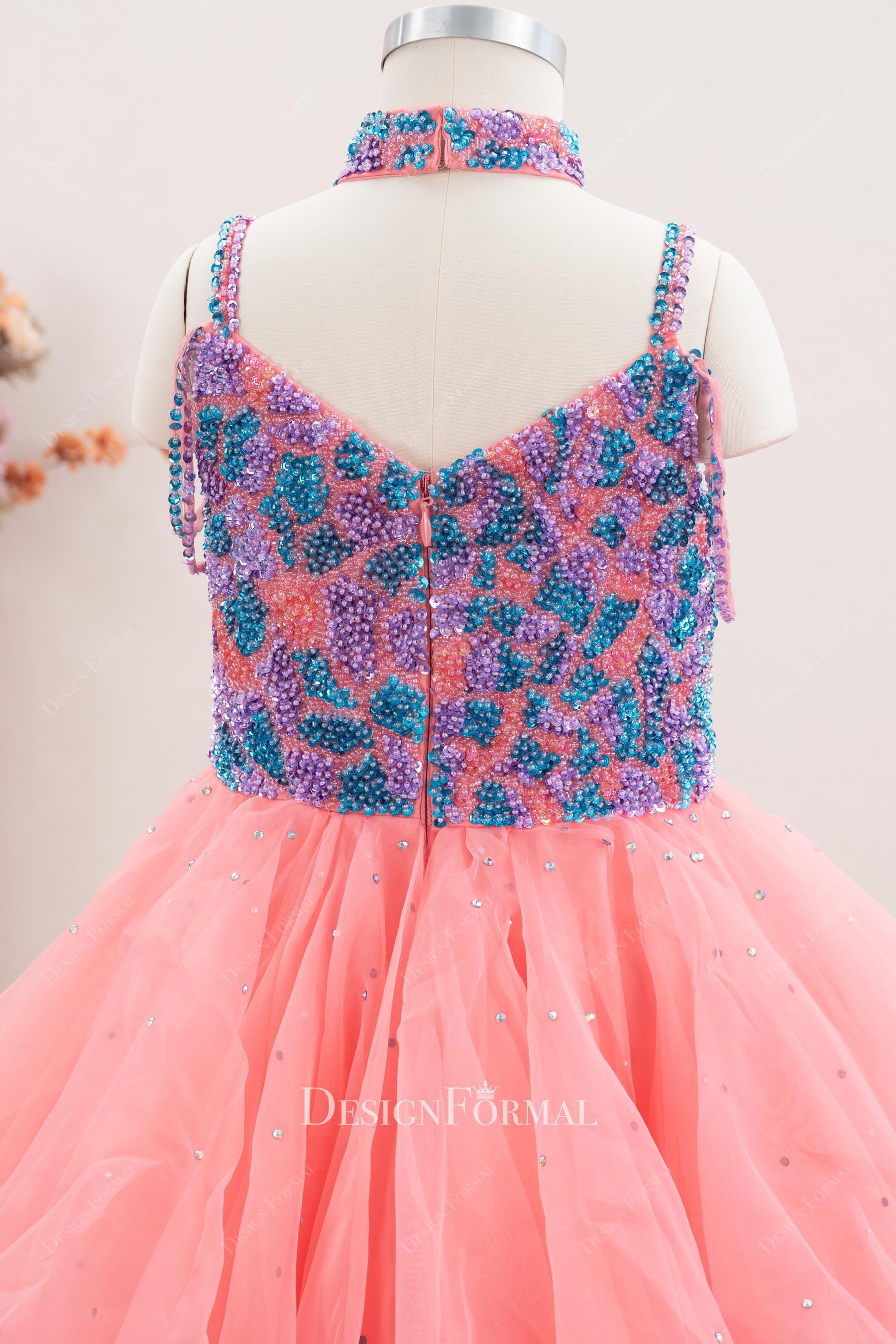 flamingo beaded v back pageant gown