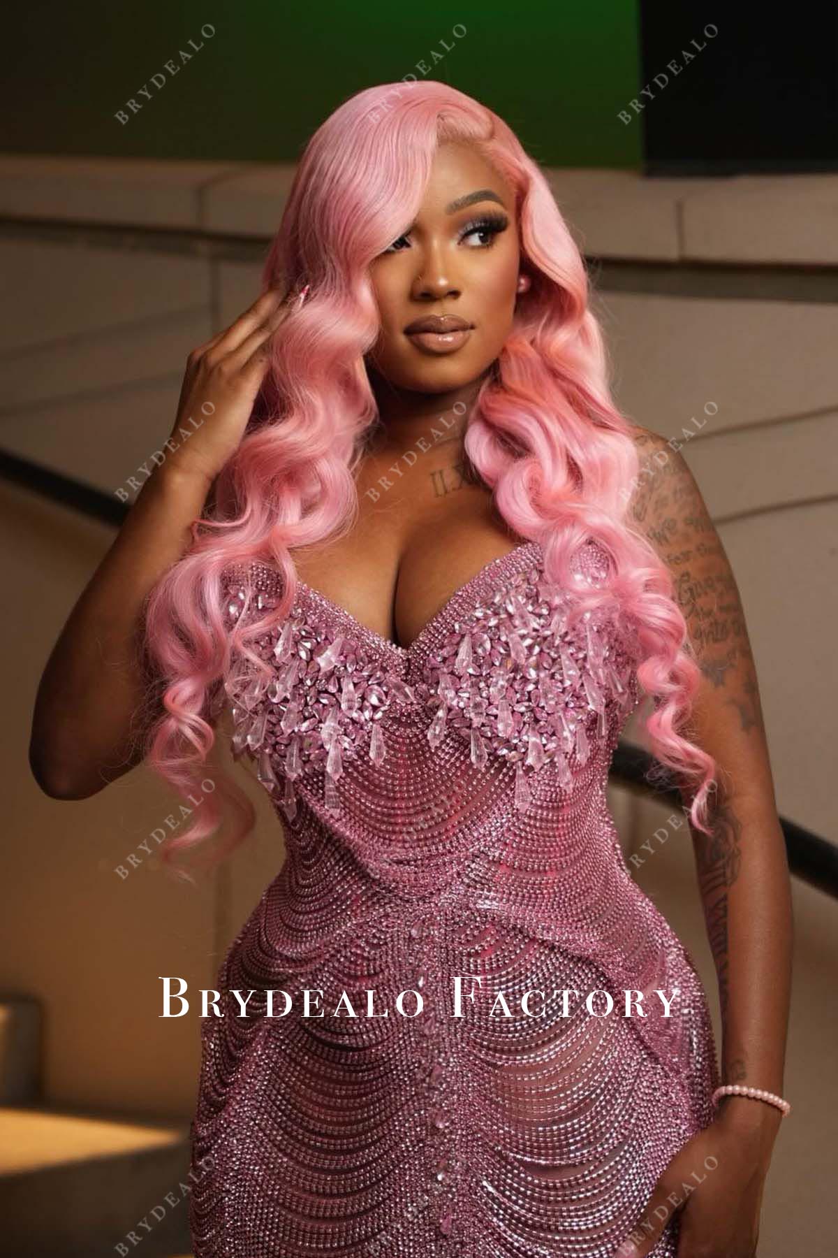 flamingo beaded v neck prom dress