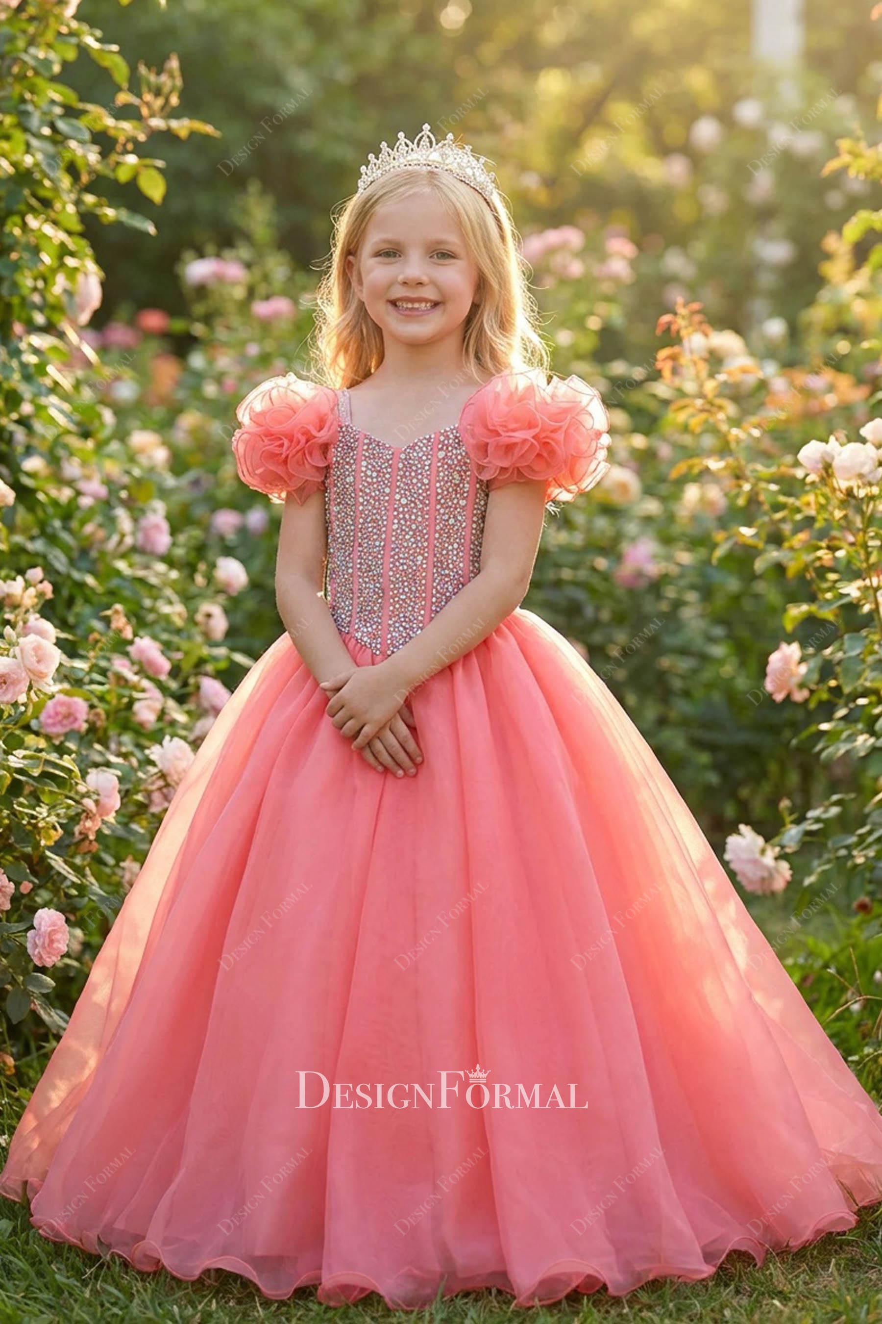 flamingo organza Basque waist pageant gown